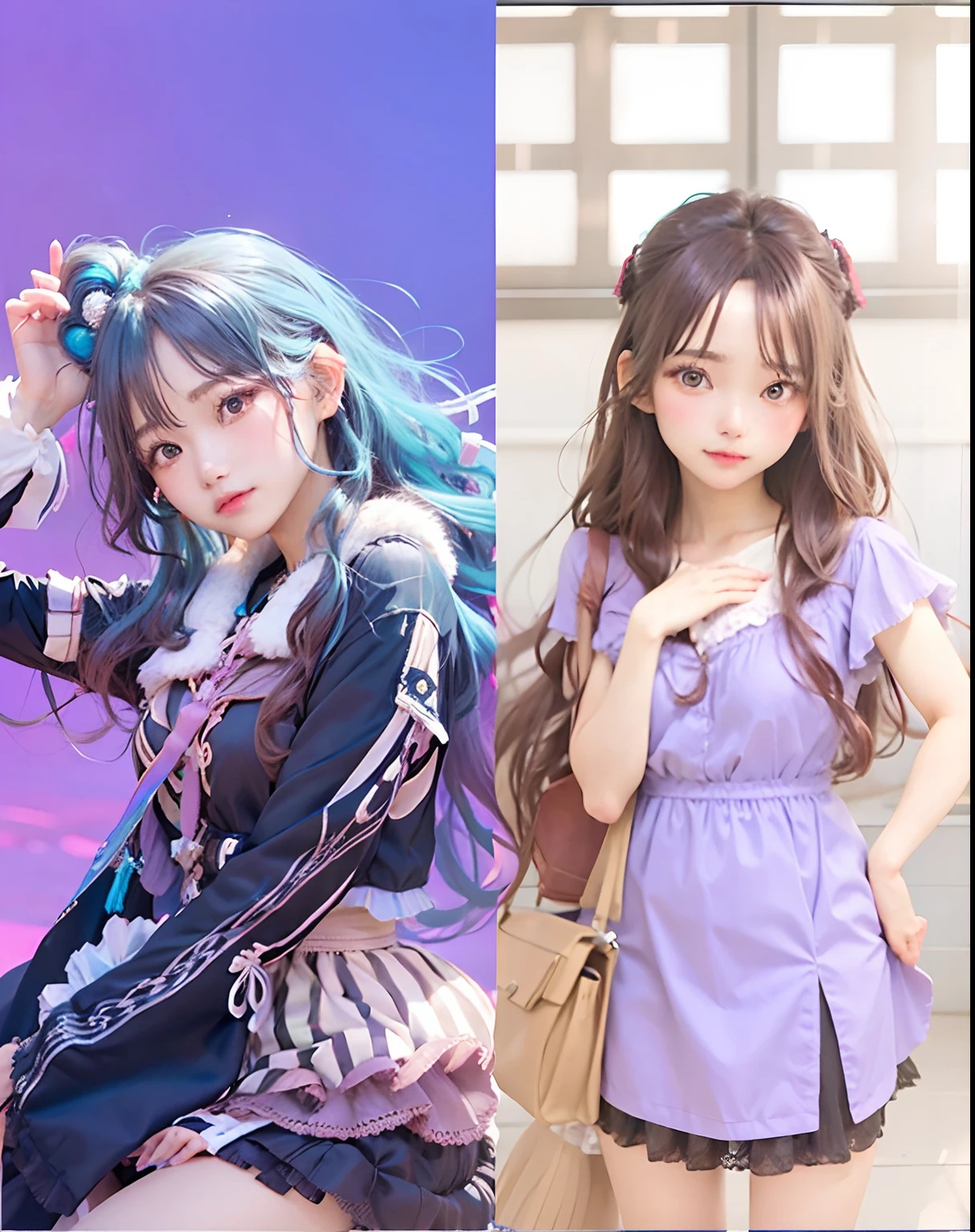 2girls, Sayo Hikawa, Yozora Kasumi, Long hair, Light Teal Hair, wavy brown hair, realistic, ultra detail, 70mm lens,