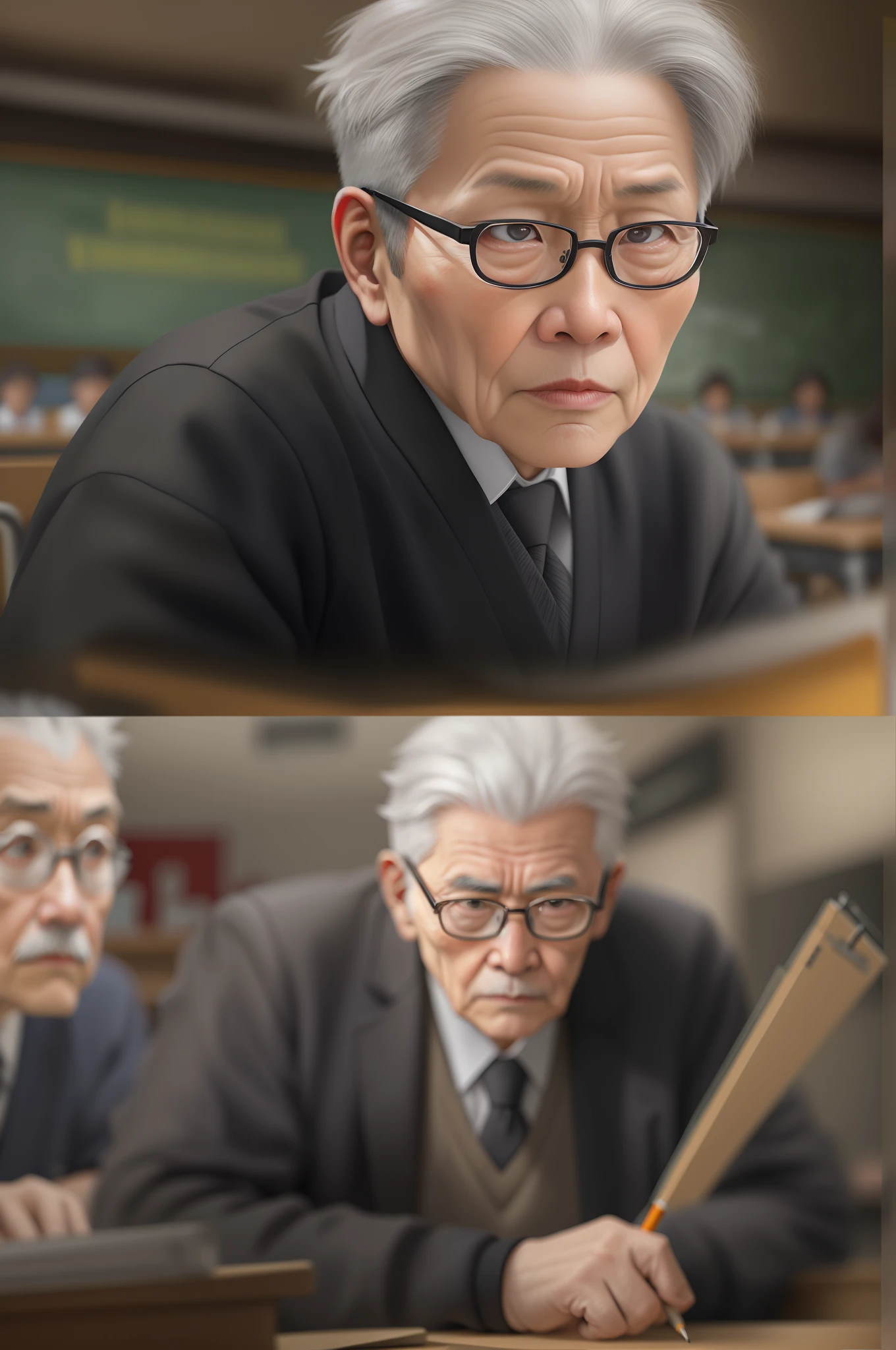 In the classroom,The teacher is lecturing the students,Gray-haired old teacher,Asian people,wears glasses,closeup cleavage,sharp focus on eyes,8K,super-fine,oil painted,Hyper-realistic,best qualtiy