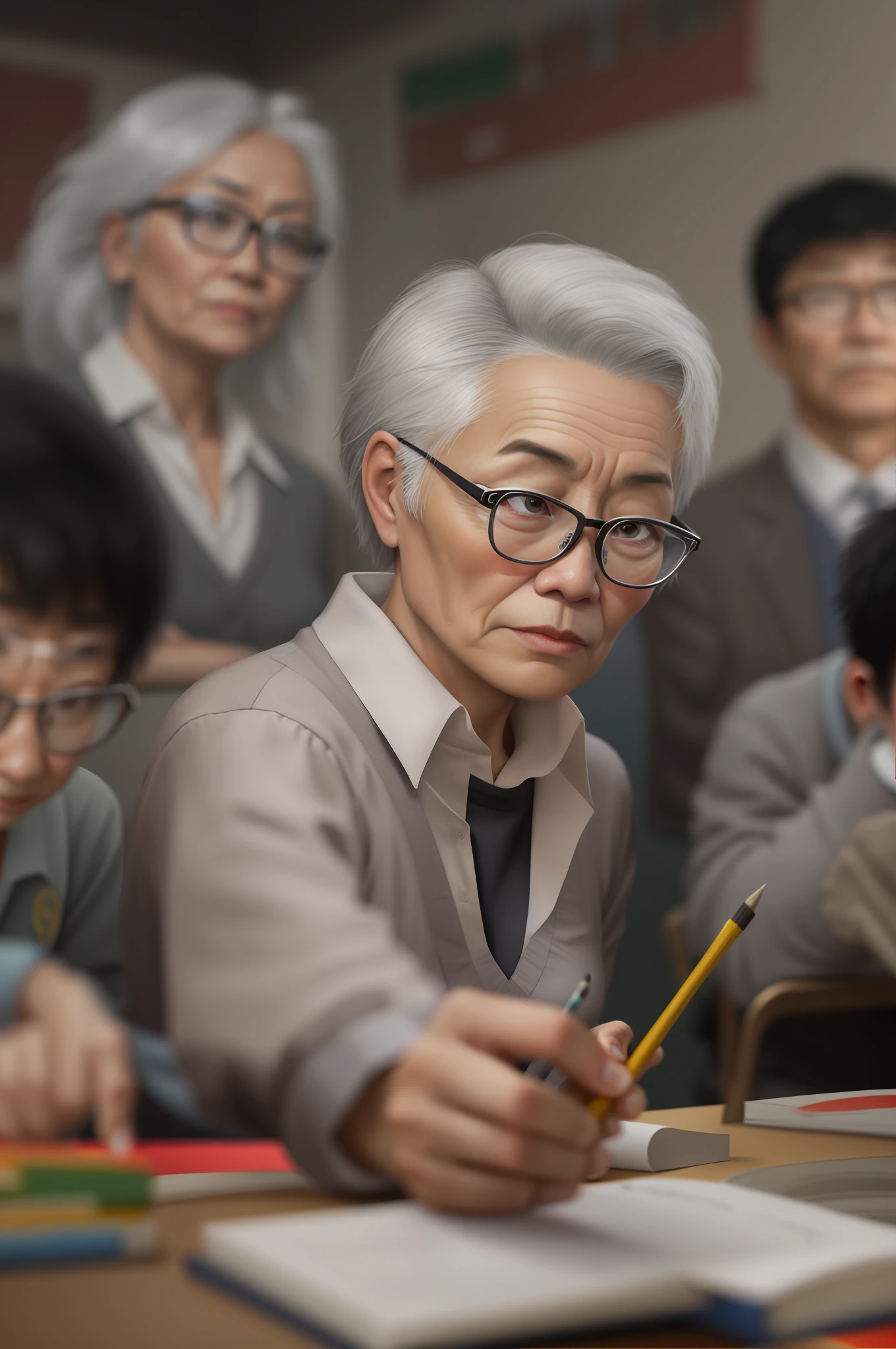 In the classroom,The teacher is lecturing the students,Gray-haired old teacher,Asian people,wears glasses,closeup cleavage,sharp focus on eyes,8K,super-fine,oil painted,Hyper-realistic,best qualtiy