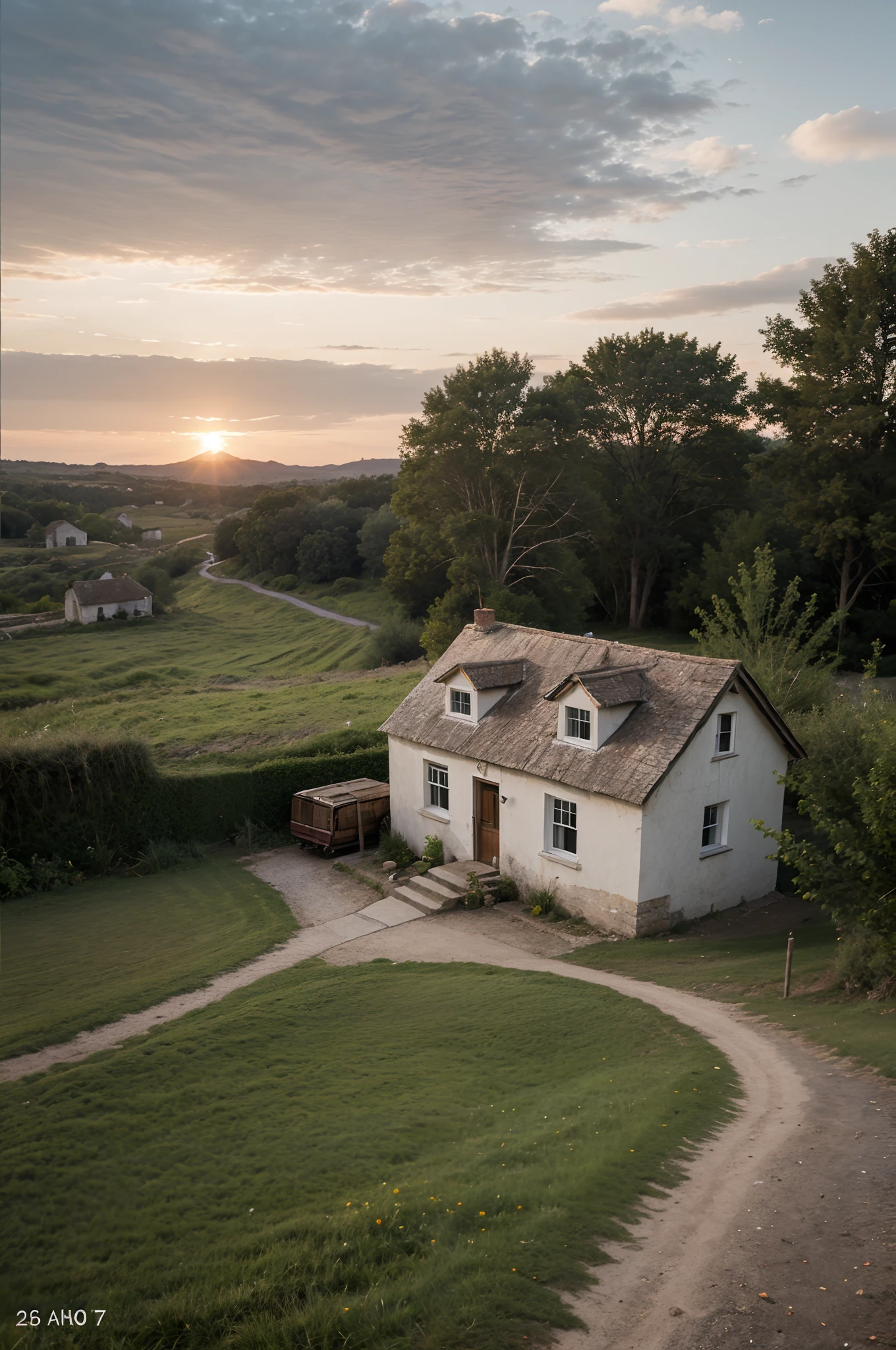 (retouched:1.6), photo of house in lonely village (on hill), on an island, sunset