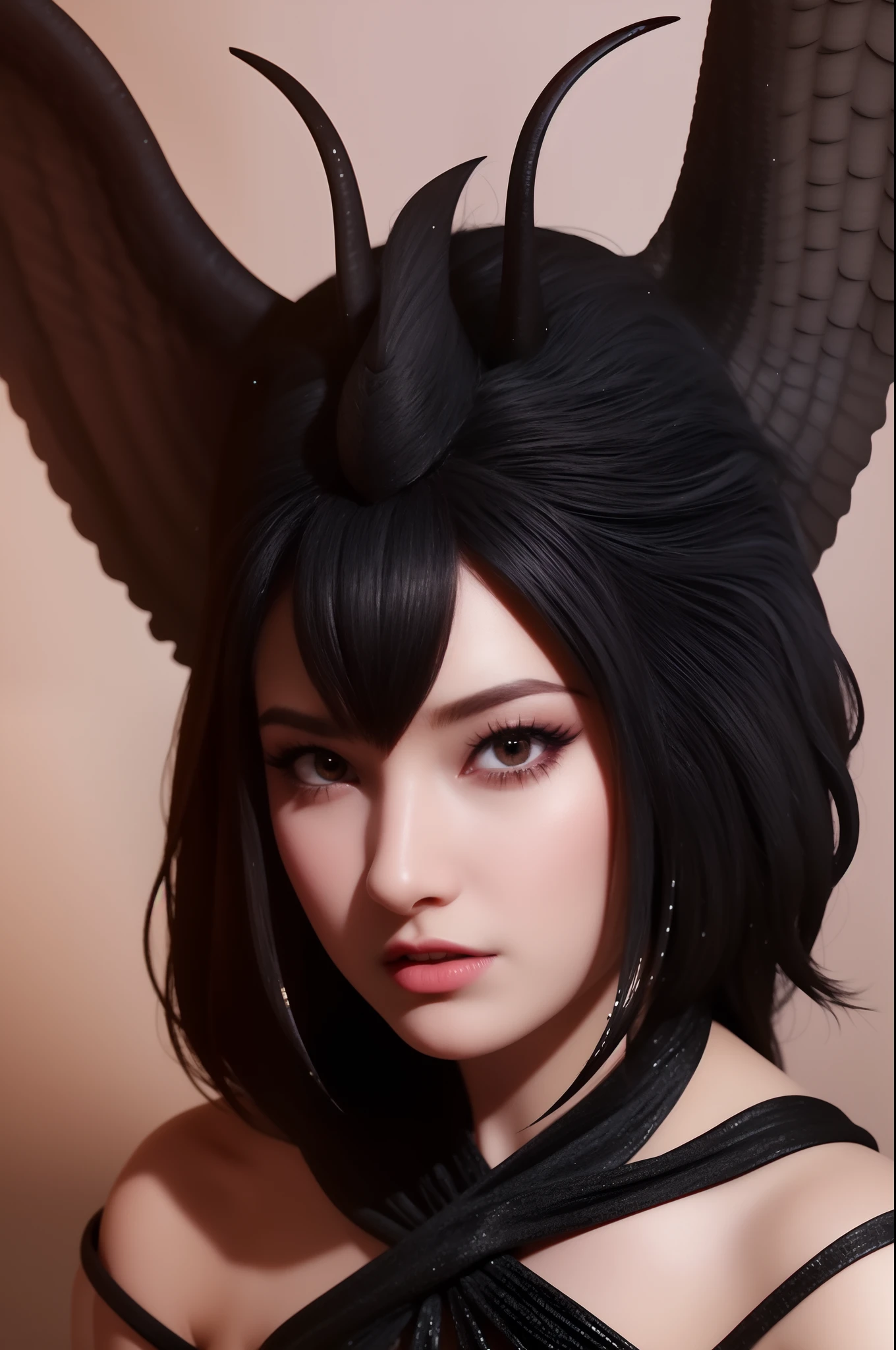 (best quality,4k,8k,highres,masterpiece:1.2),ultra-detailed,realistic:1.37,demon girl,beautiful detailed eyes,beautiful detailed lips,longeyelashes,pale skin,dark hair,fierce expression,black horns,red glowing eyes,demonic wings,black dress,standing in a mist-filled forest,dramatic lighting,horror,concept artists,rich colors,cool-toned color scheme