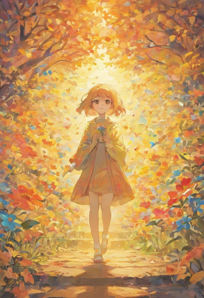 Teacher's Day illustration,A lovely teacher holding flowers,Surrounded by a group of students,In a classroom,Simple vector art,Soft color palette,abstract paintings,Zen Buddhism,Overlay art with abstract light,Contemporary Chinese literati,Color gradient,Hierarchical form,Whimsical picture,Ethereal style painting