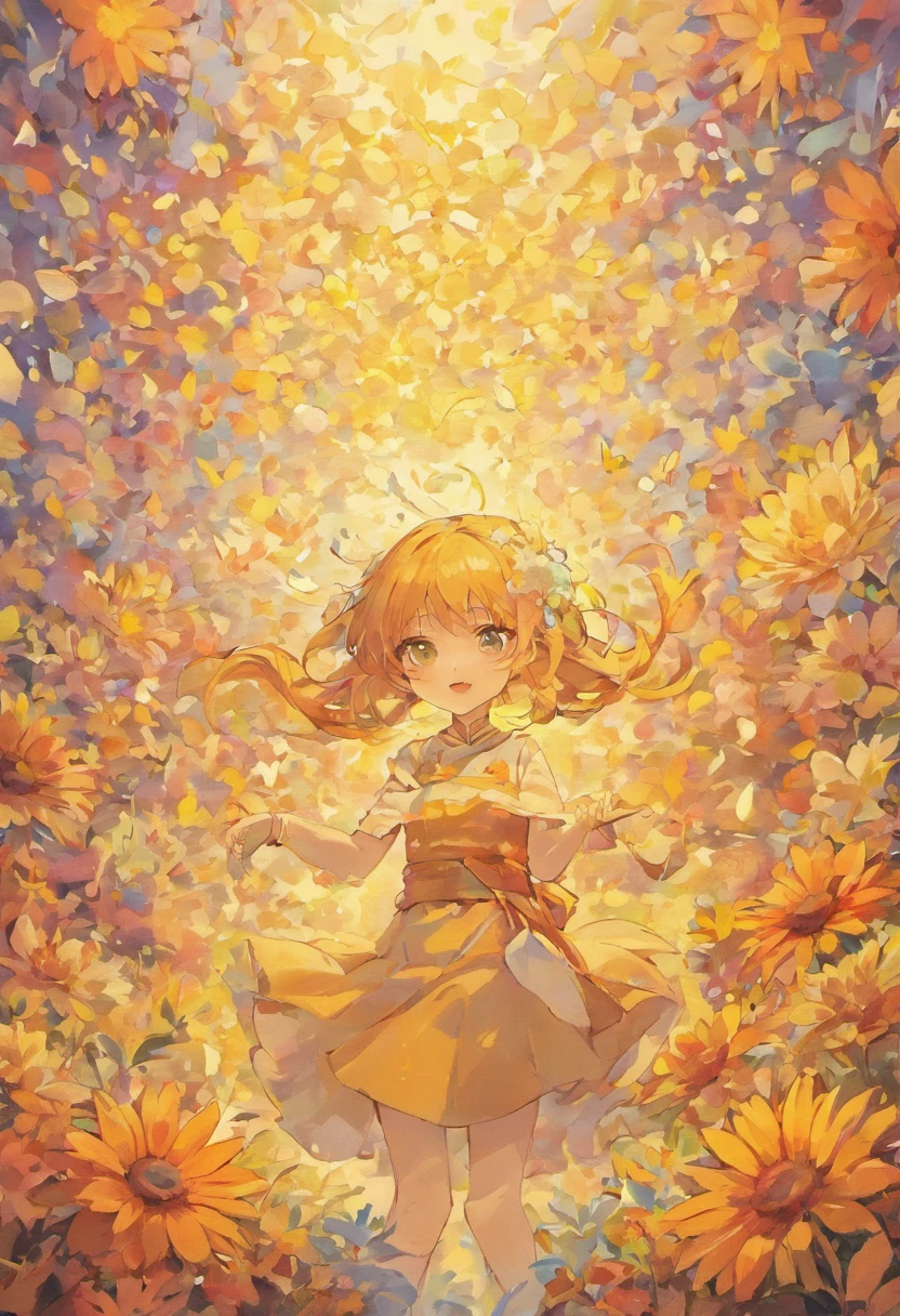 Teacher's Day illustration,A lovely teacher holding flowers,Surrounded by a group of students,In a classroom,Simple vector art,Soft color palette,abstract paintings,Zen Buddhism,Overlay art with abstract light,Contemporary Chinese literati,Color gradient,Hierarchical form,Whimsical picture,Ethereal style painting