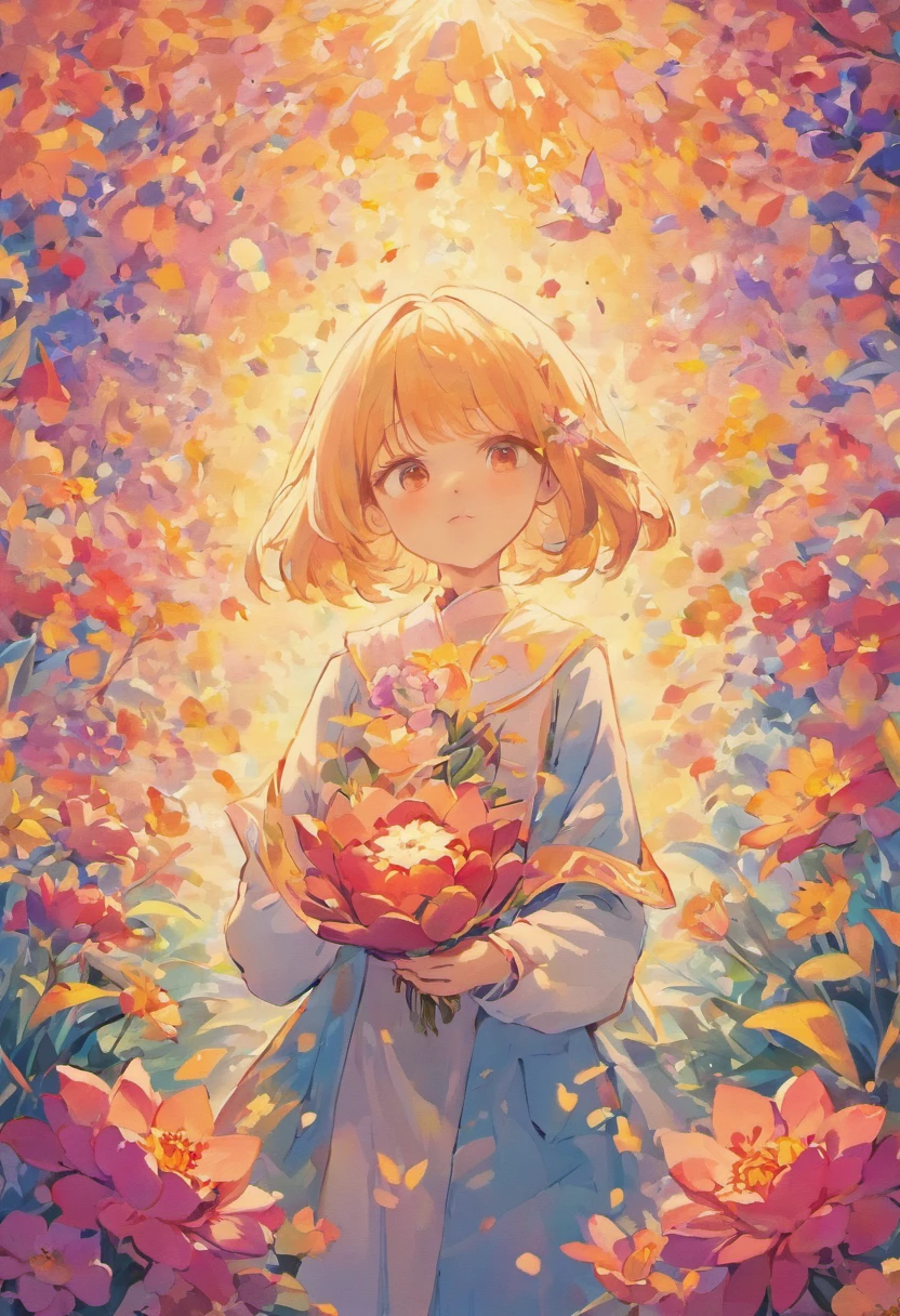 Teacher's Day illustration，A lovely teacher holding flowers，Surrounded by a group of students，In a classroom，Simple vector art，Soft color palette，abstract paintings，Zen Buddhism，Overlay art with abstract light，Contemporary Chinese literati，Color gradient，Hierarchical form，Whimsical picture，Ethereal style painting