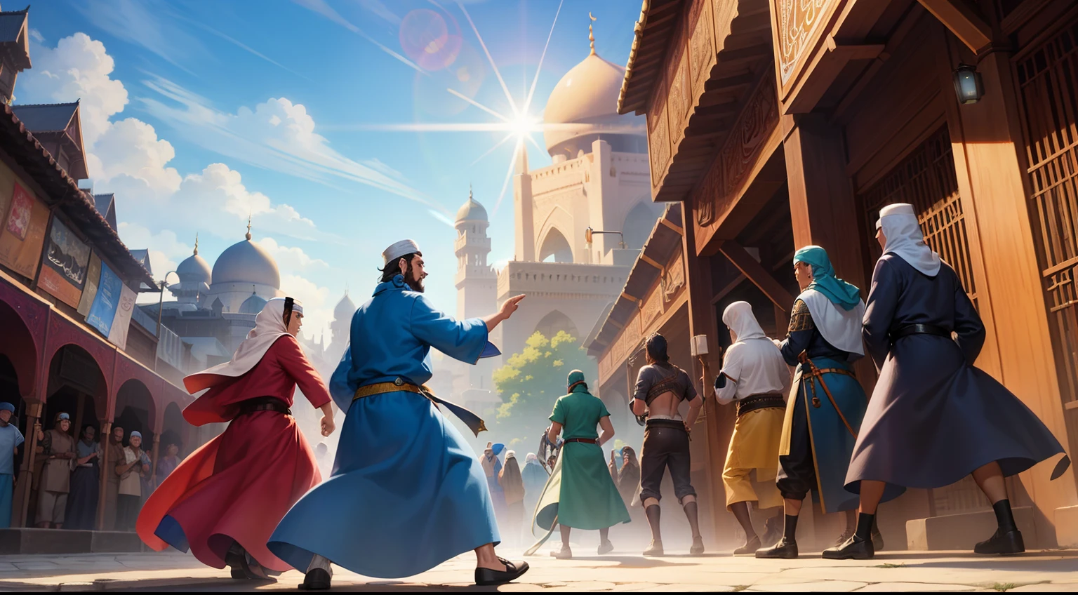 muslim gang fight, medieval times, arab street, islam, colorful, vivid color, blue sky, lens flare, depth of field