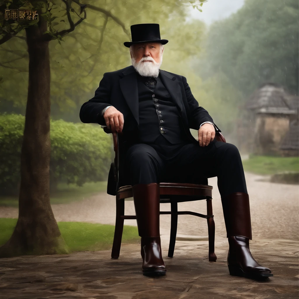 Old gentleman with a goatee,sit on chair,Eyes look at boots,Black high-gloss rain boots, 8K分辨率,Wallpaper masterpiece,Best quality,digitial painting,Highly meticulous,Ultra high quality
