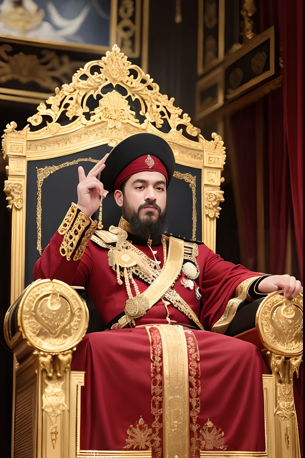 sultan,Ottoman Empire,Royal Palace,Cultura turca,the Middle East,traje real,espada cerimonial,Tradition of execution,rivalidade familiar,poder absoluto,Era de Ouro,cultural heritage,Historical Figure,dramatic lighting,arredores opulentos,retrato detalhado,olhos expressivos,cocar elaborado,intricate patterns,tecidos luxuosos,imposing presence,comportamento digno,Rituais tradicionais,paleta de cores rica,Opulence and extravagance,Autoridade Imperial,grandeza e majestade,arquitetura ornamentada,barba esculpida,magnificent crown,vivid colors,Linhagem Real,Classical paintings,grandiose scenery,Trono majestoso,detalhes finos,foco nítido,Regal atmosphere,haughty expression,Legado cultural,Dominance and control,imperial elegance --auto
