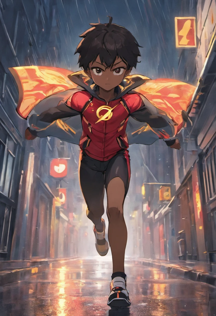 There's a black-skinned boy in the red Heroi Flash uniform running down the street, Black skin child, Usando um capacete do Flash, In the rain, Correndo na chuva, Correndo pela rua, Rua molhada, Directed by: Willian Murai, Uniforme do Flash, wearing red hero uniform with flash symbol, Chovendo!!!, Correndo em super velocidade, em um dia chuvoso, chuva de noite