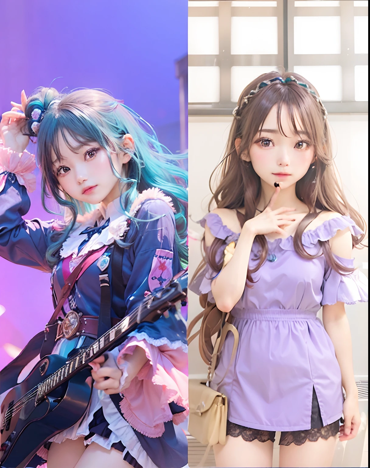 2girls, Sayo Hikawa, Yozora Kasumi, Long hair, Light Teal Hair, wavy brown hair, realistic, ultra detail, 70mm lens,