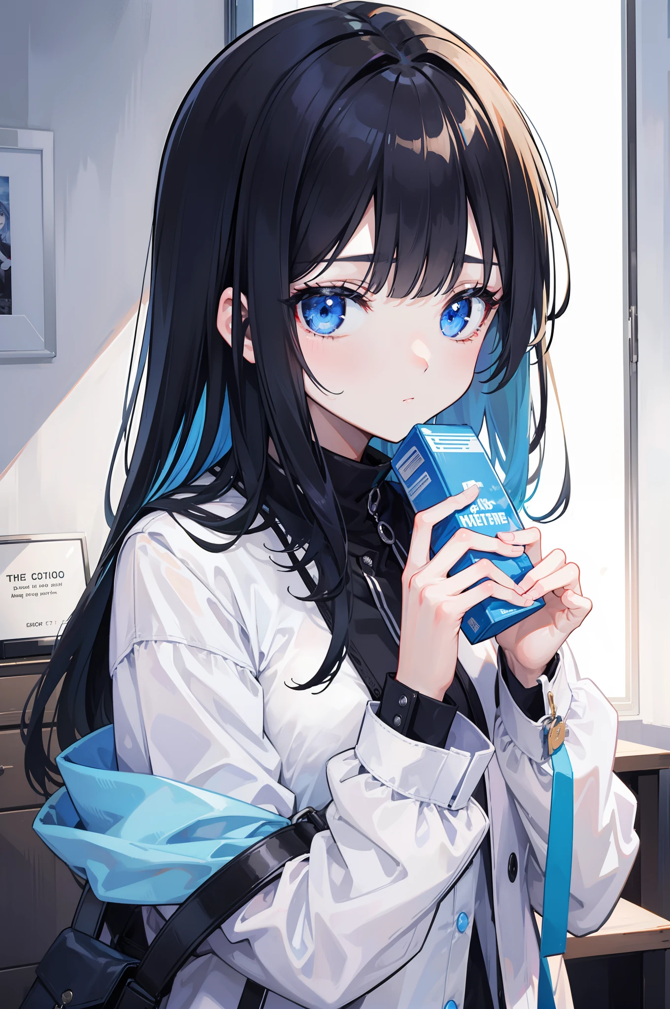 girl with、soio、age19、top-quality、a cool、cool、A dark-haired、Heavy bangs、blue eyess、Delicate lashes、Department of Landmines、A black、shuicolor