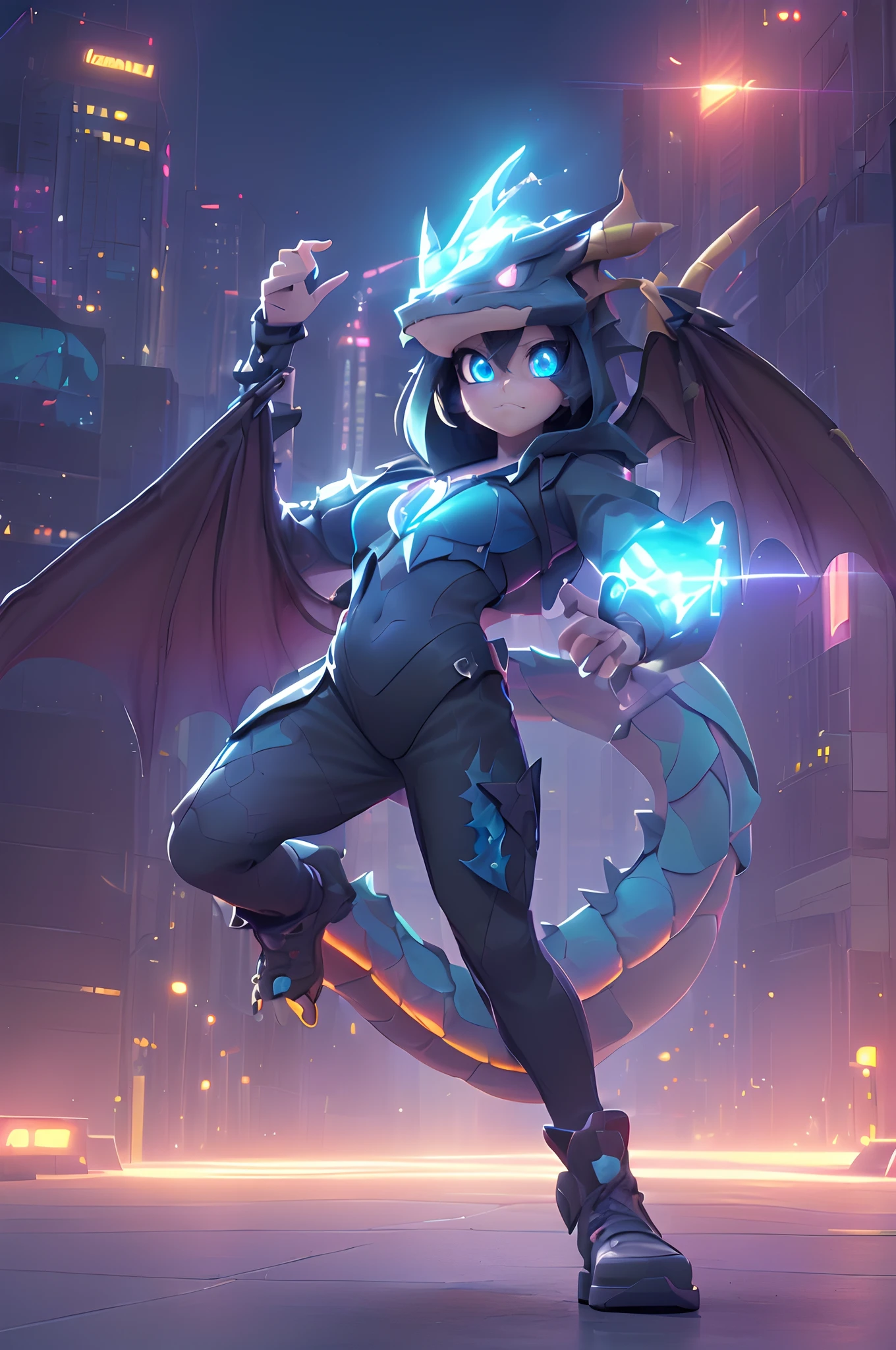 (Dynamic Angle:1.4), ((Full body posing:1.5), (Colorful:1.2), (Highly detailed CG Unity 16K wallpaper:1.1), (Denoising strength: 1.45), (tmasterpiece:1.37), ((Official art)), of the highest quality, (Realistic), Deformed Character, (Short-cut hair:1.2),(Dragon costume:1.5),Black hair,Glowing eyes,(blue eyess:1.2),((Poses in motion:1.4)),((Dragon costume:1.3)),wires, (LED:1.3), (a hologram:1.2), futuristic city street, Neon light, Skyscrapers, (Night:1.2), (Rainbow Model:1.2), 8K resolution, (Anime style:1.3), Cinematic lighting, chromatic abberation, spark of light, Ray tracing, blending, ultra wide-angle, Hasselblad, (masutepiece), (masutepiece), ((Best Quality)), ((masutepiece)), nffsw