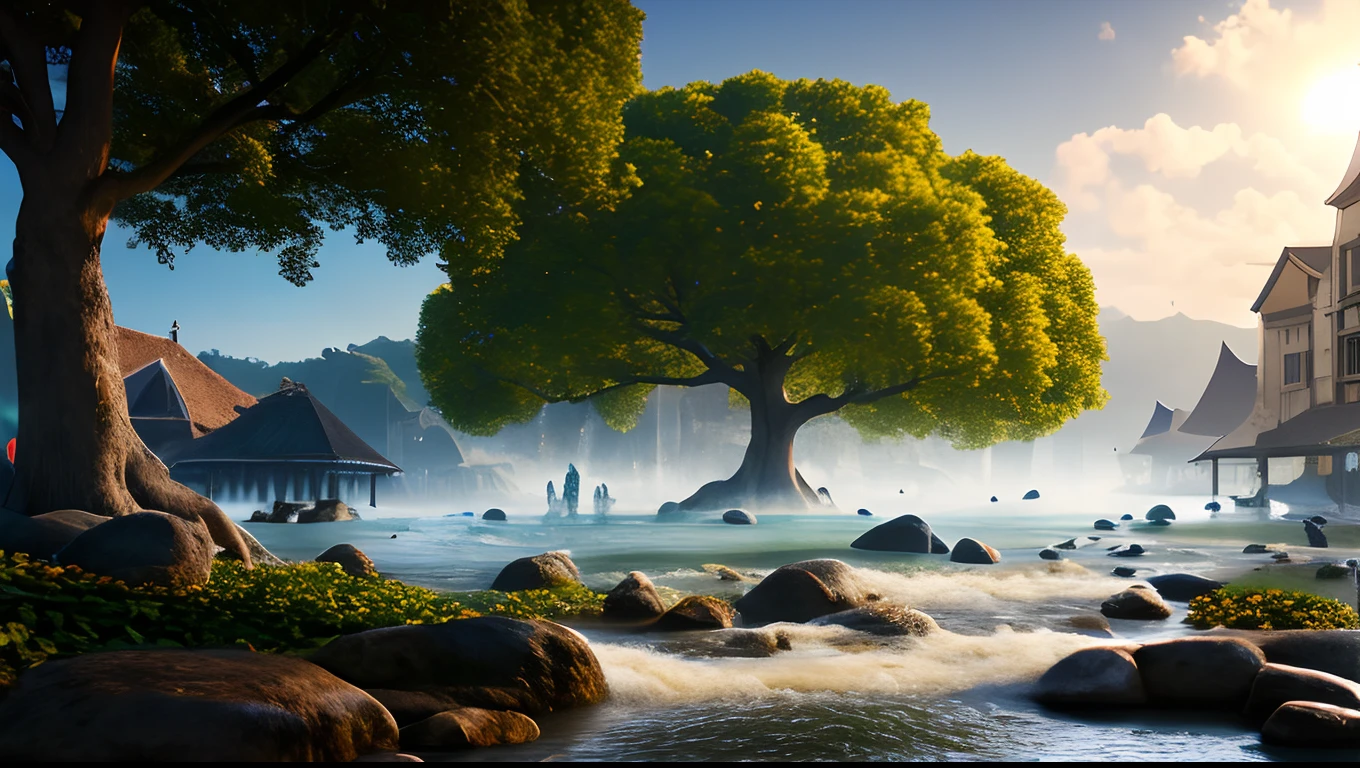 masterpiece, best quality, high quality, extremely detailed CG unity 8k wallpaper, a hyperrealistic colossal cyan raintree, in a futuristic prehistoric village, splashing water, sandy debris, lens flares, sunshaft, fluffy clouds, Hyperdetailed, HDR, bloom, Photorealistic, hyperdetailed