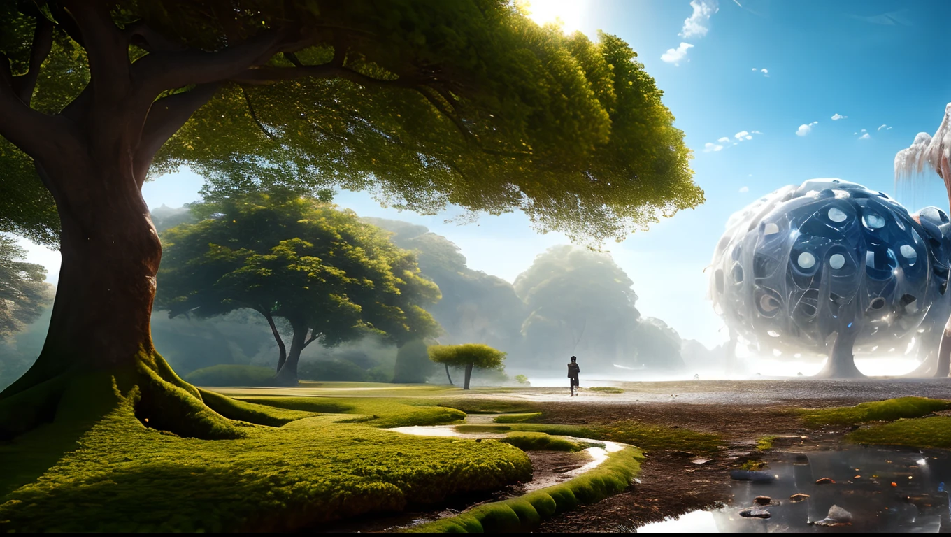 masterpiece, best quality, high quality, extremely detailed CG unity 8k wallpaper, a hyperrealistic colossal cyan raintree, in a futuristic prehistoric village, splashing water, sandy debris, lens flares, sunshaft, fluffy clouds, Hyperdetailed, HDR, bloom, Photorealistic, hyperdetailed