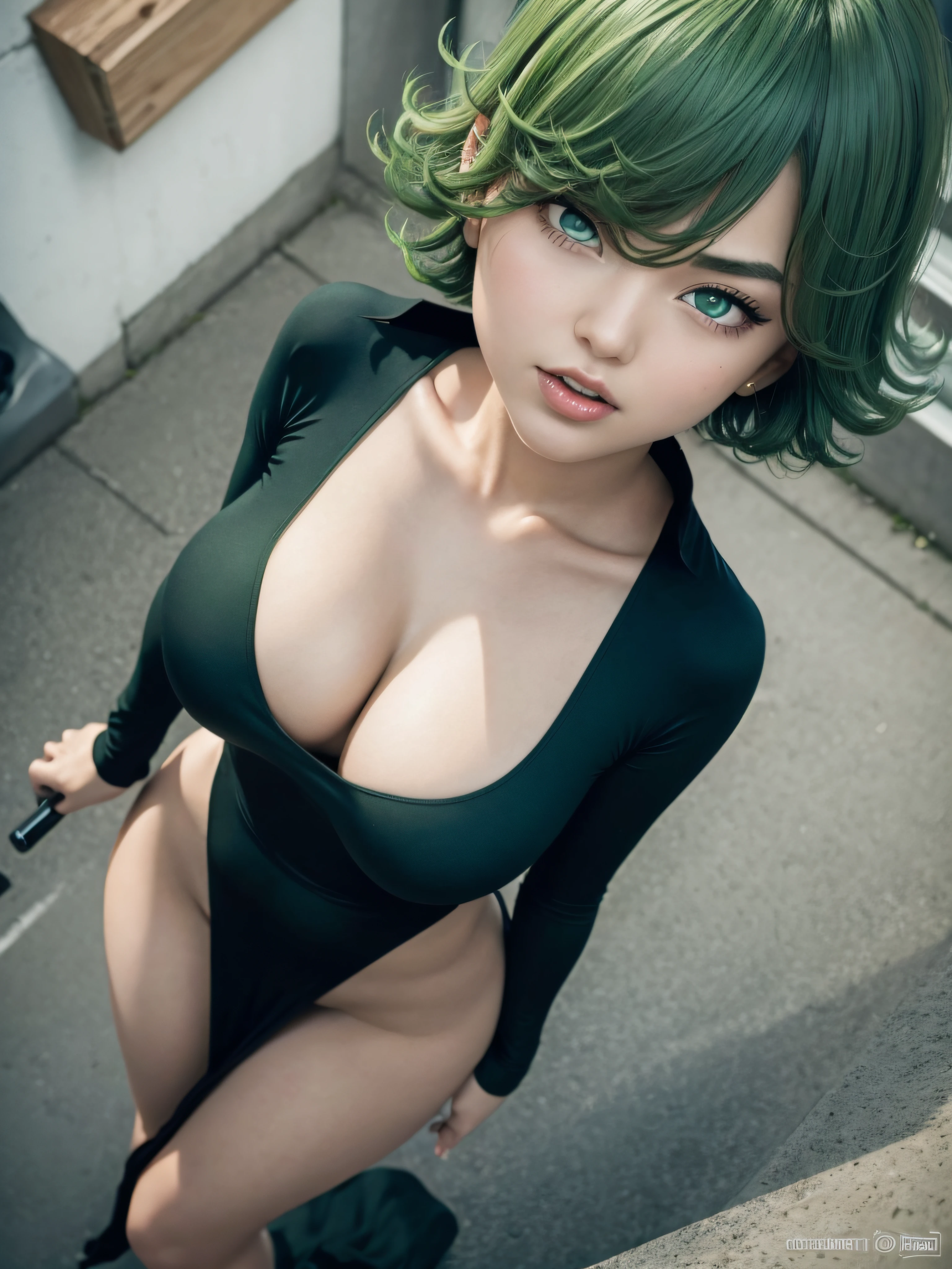 (beste-Qualit, 8K, 12), 1 girl, tatsumaki, Short Hair Hair, green hair, giant breast, the perfect body, ultra detail face, detailed lips, Slender Eyes, black dress, standingn, enticing, Excited, convex areolas, in heat, Milf, steam, Sex, trembling, , Looking Up, From directly above, ahegao,