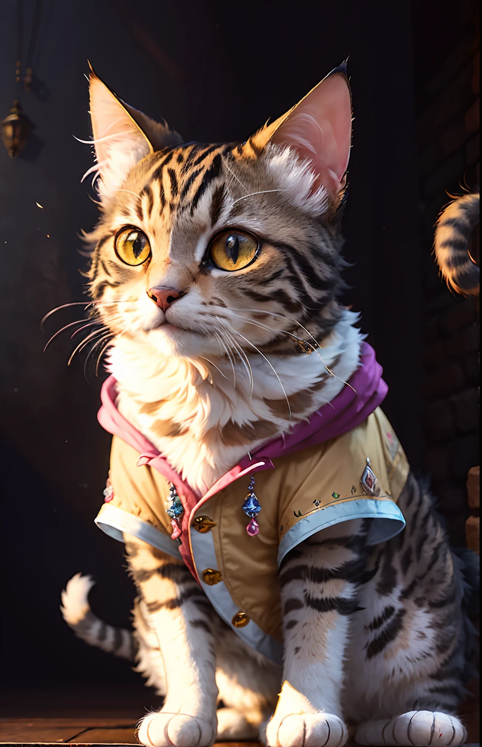 ((a cat in clothes)),，full shot，fluffy hair, anthropomorphic expressions, rich colors, exquisite details, masterpiece, realistic，artsation, cg, realistic, Unreal Engine , real light and shadow, beautiful rich colors, amazing details, high quality，a pair of ears