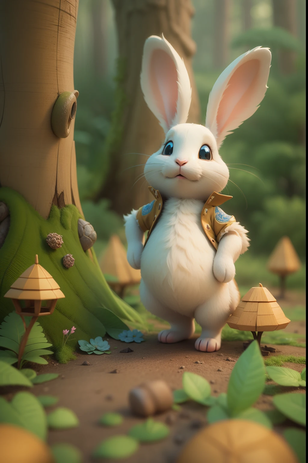 3d model, cartoon, re's illustration, highly detailed, cute rabbit in the forest