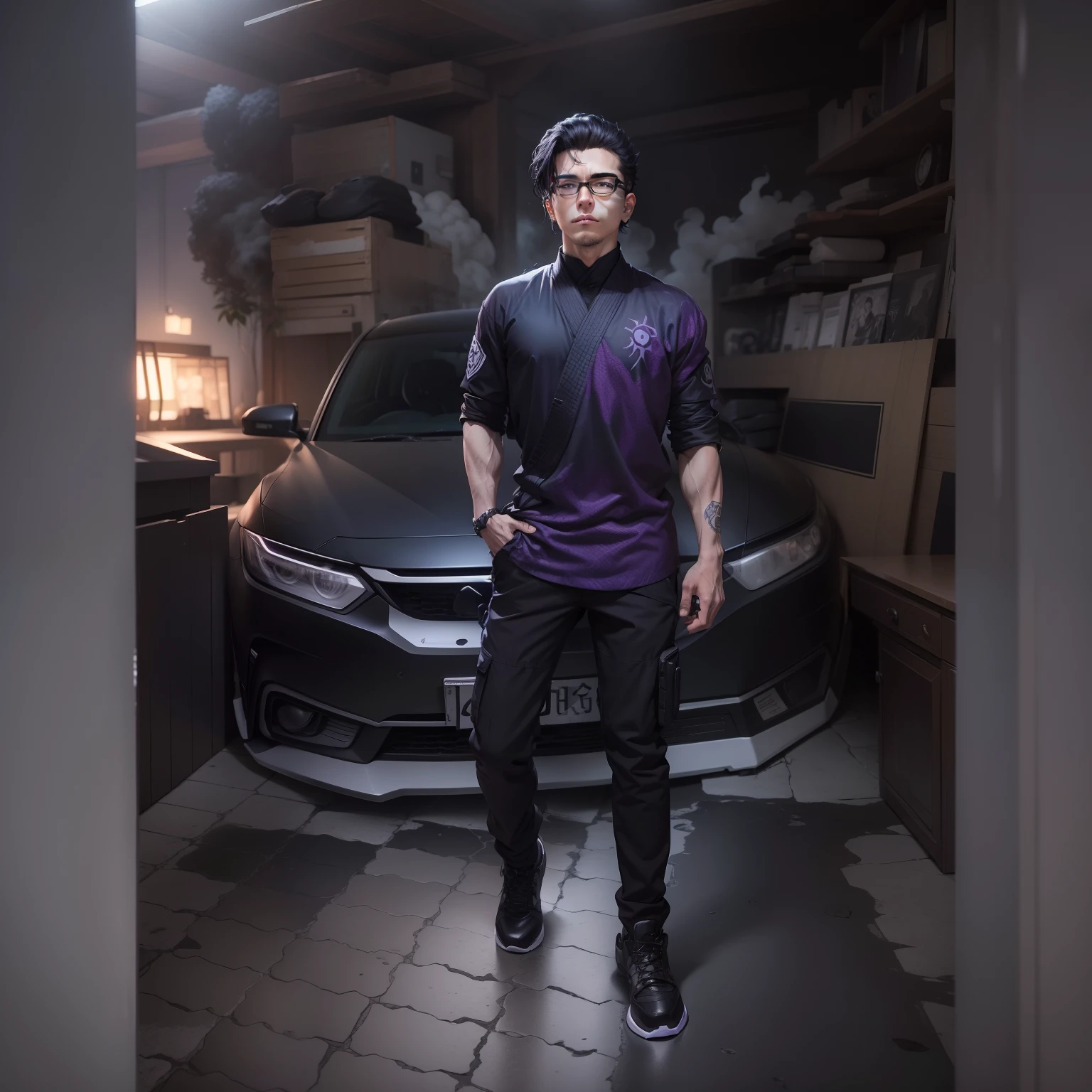 1 Boy. Cabelo branco. Badas. Serio. black glasses, roupa toda preta. Gojo (Jujutsu kaysen). Anime. Fundo roxo. Melhor qualidade. 8k. Muitos detalhes. Super detalhado.