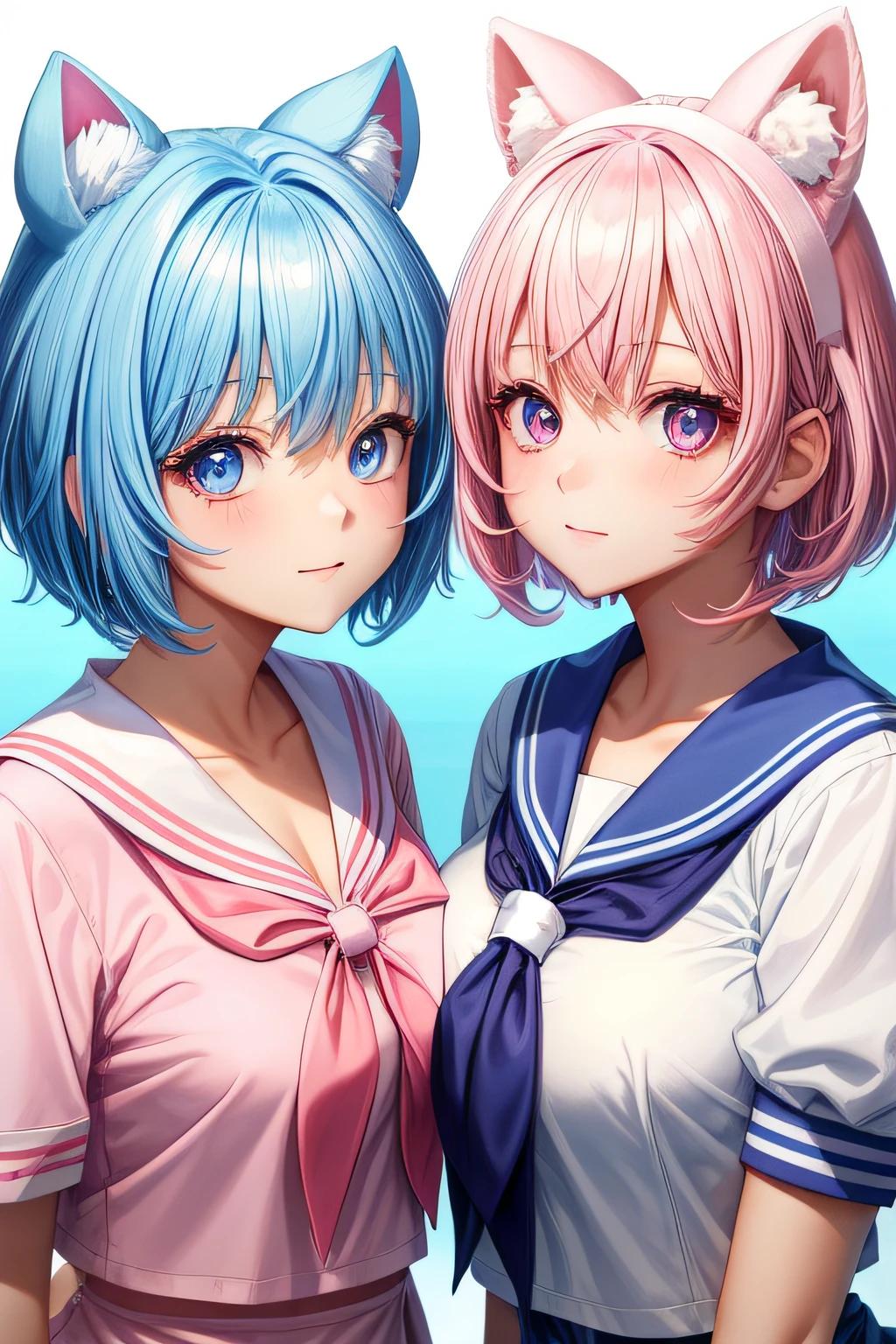 skistyle, ((2girls)), Pink hair and pale blue eyes, Pale blue hair and pink eyes, Fluffy animal ears, Looking at Viewer, Bangs, Short hair, Bow, Sailor collar, white sailor collar, Hair Bow, pink bows, Closed mouth, Wear a short-sleeved shirt, White shirt, Bear ears, bob cuts, tits out, cleavage of the breast, Portrait, Upper body, city in background