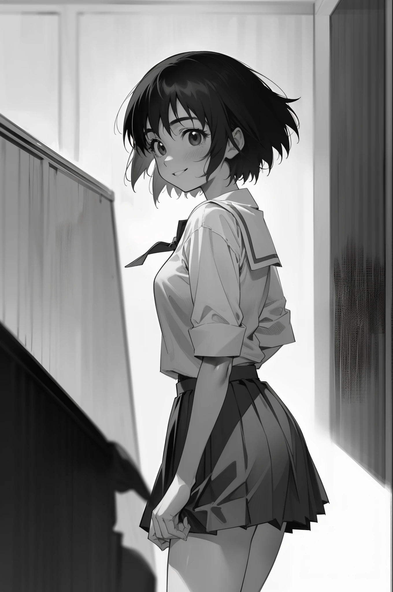 masterpiece, 1 girl, solo,  pov, ayase fuuka, school uniform, blouse, pleated skirt, ribbon, mini skirt, front view, bust shot, dynamic pose, walking, from side, cowboy shot, smile,  greyscale, monochrome, halftone, drawing, manga, otoyomegatari, face focus,  class room.