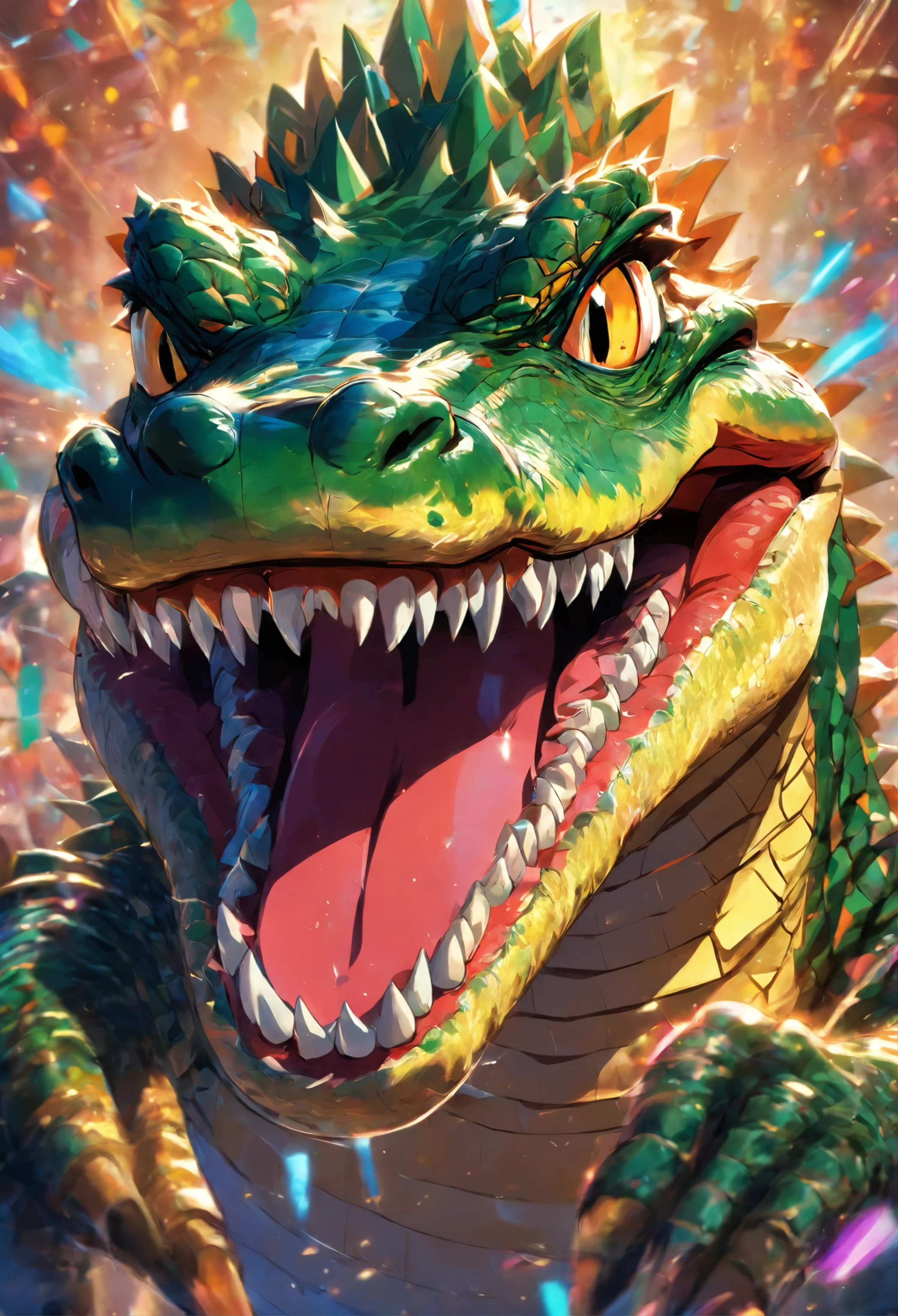 an aligator, using sun glasses, happy, very detailled, colorfull, sharp teeth, thumbs up