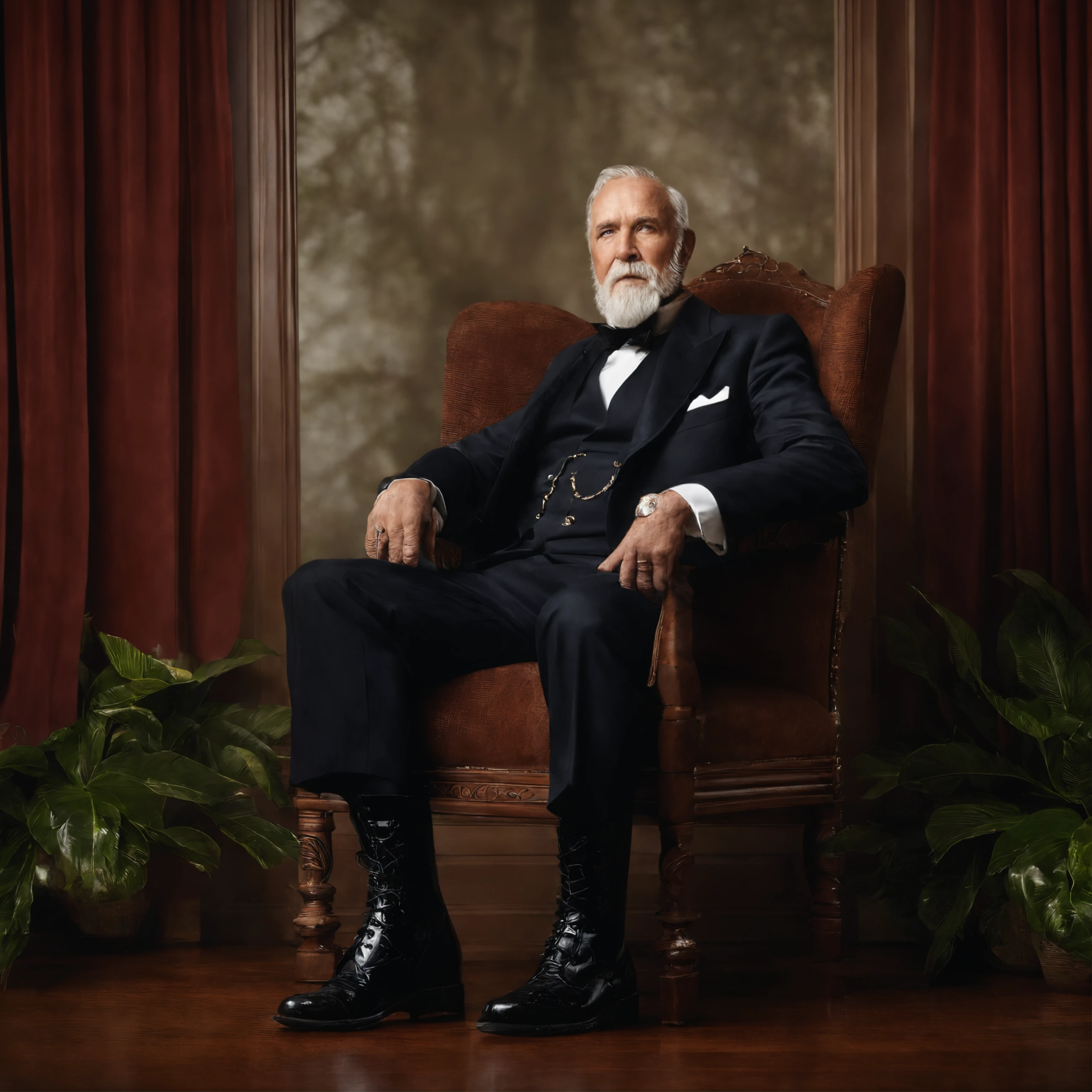 Old gentleman with a goatee，sit on chair，Eyes look at boots，Black high-gloss rain boots, 8K分辨率,Wallpaper masterpiece，Best quality，digitial painting，Highly meticulous，Ultra high quality