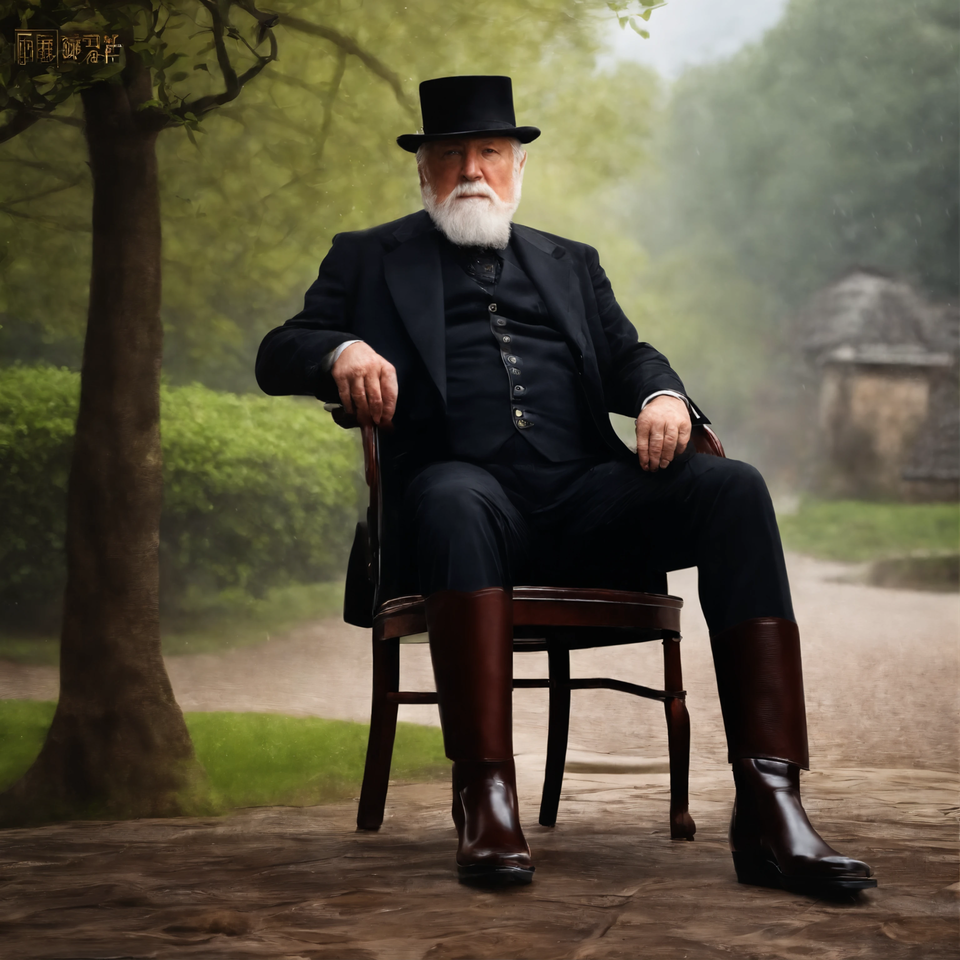 Old gentleman with a goatee,sit on chair,Eyes look at boots,Black high-gloss rain boots, 8K分辨率,Wallpaper masterpiece,Best quality,digitial painting,Highly meticulous,Ultra high quality