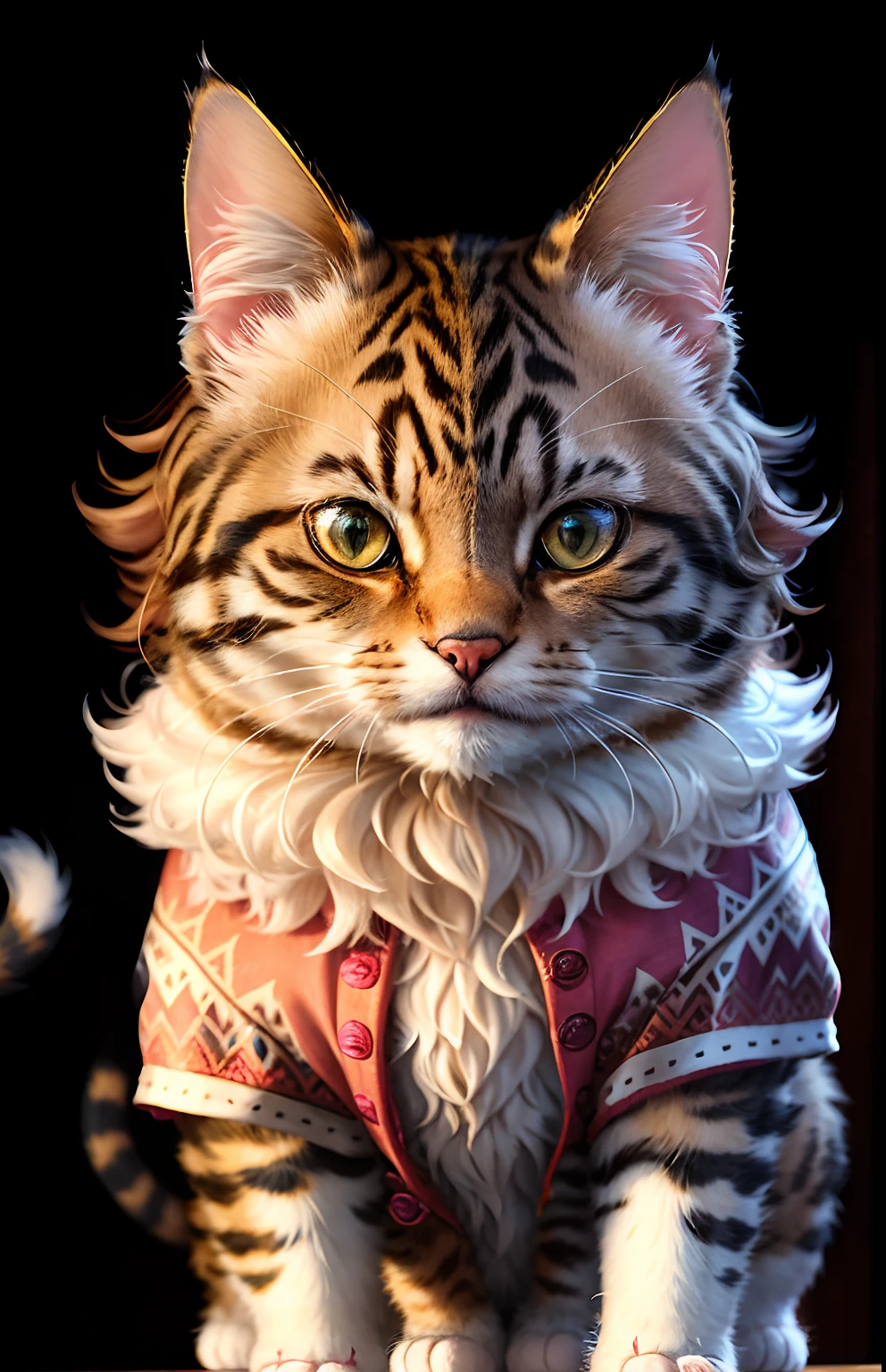 ((a cat in clothes)),，full shot，fluffy hair, anthropomorphic expressions, rich colors, exquisite details, masterpiece, realistic，artsation, cg, realistic, Unreal Engine , real light and shadow, beautiful rich colors, amazing details, high quality，a pair of ears