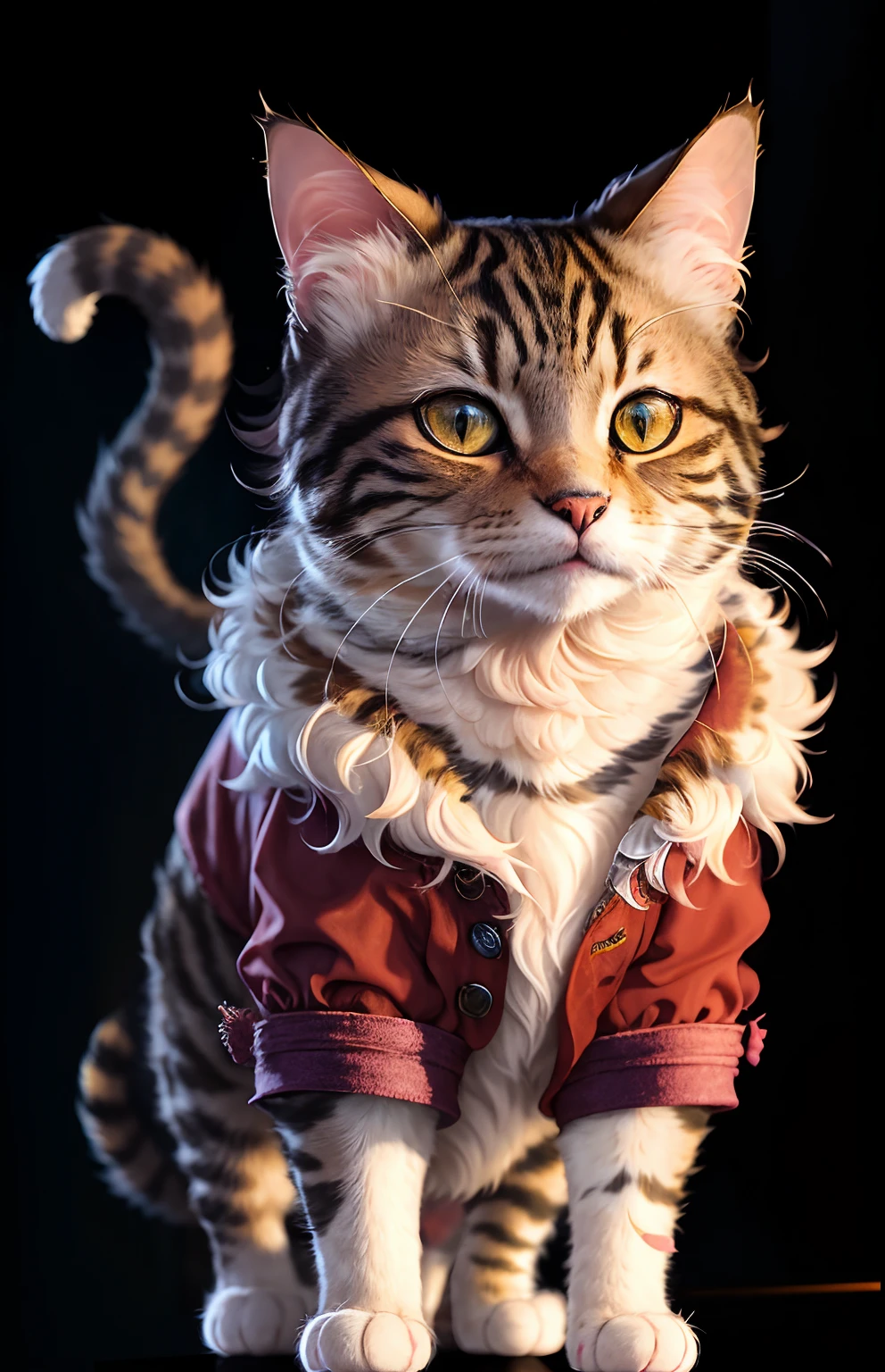 ((a cat in clothes)),,full shot,fluffy hair, anthropomorphic expressions, rich colors, exquisite details, masterpiece, realistic,artsation, cg, realistic, Unreal Engine , real light and shadow, beautiful rich colors, amazing details, high quality,a pair of ears