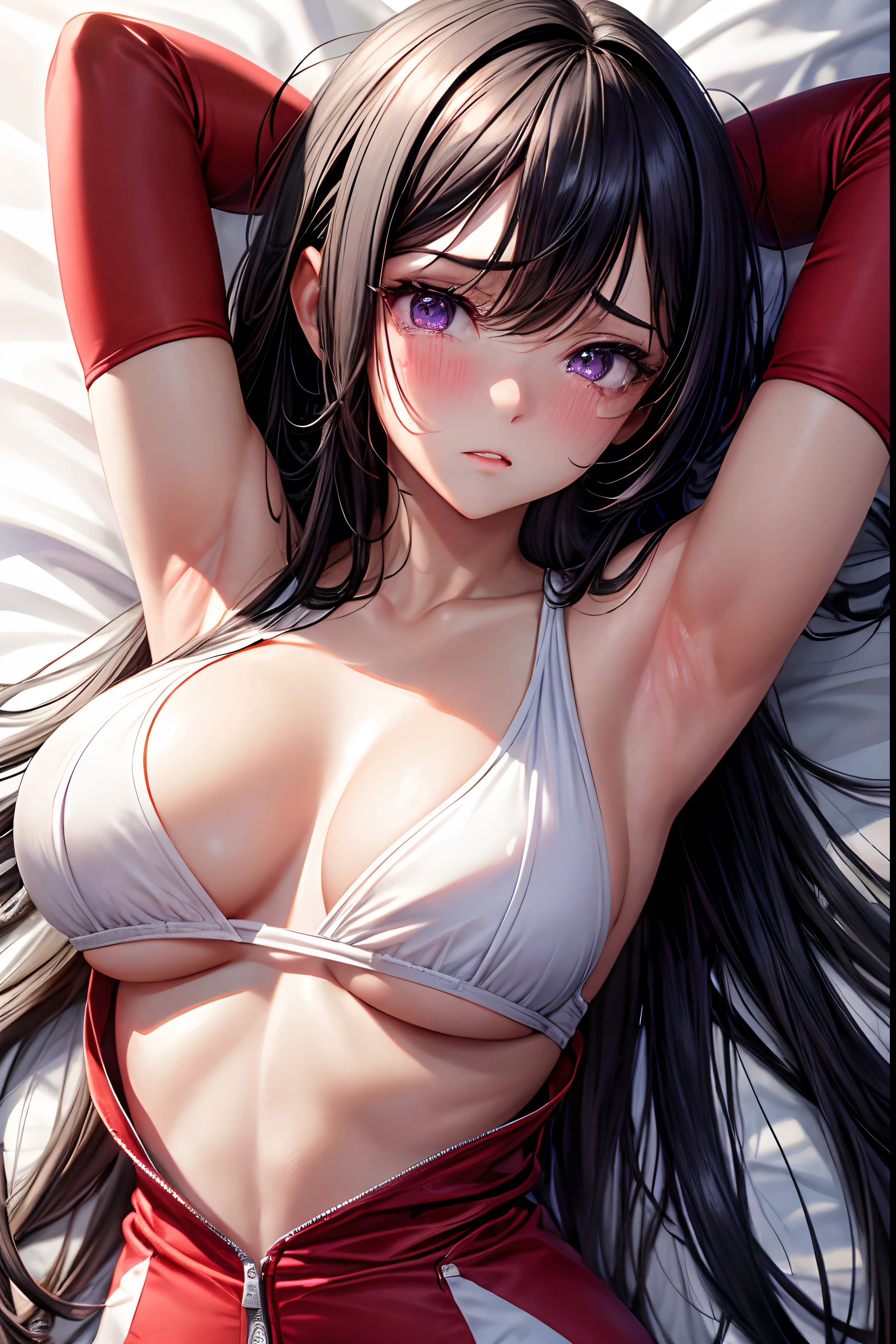 1girl, very long black hair, bangs between eyes, purple eyes, red tracksuit with white stripes, medium breasts, transparent clothes, absurdres, high res, ultrasharp, looking at viewer (masterpiece), expressive eyes, perfect face, lying on bed, lying on back, hair strand, absurdly long hair, tears, crying with eyes open, upturned eyes, makeup, shy, embarrassed, blush, parted lips, photorealistic, pov, 8K, best quality, hands behind head, arms behind back,