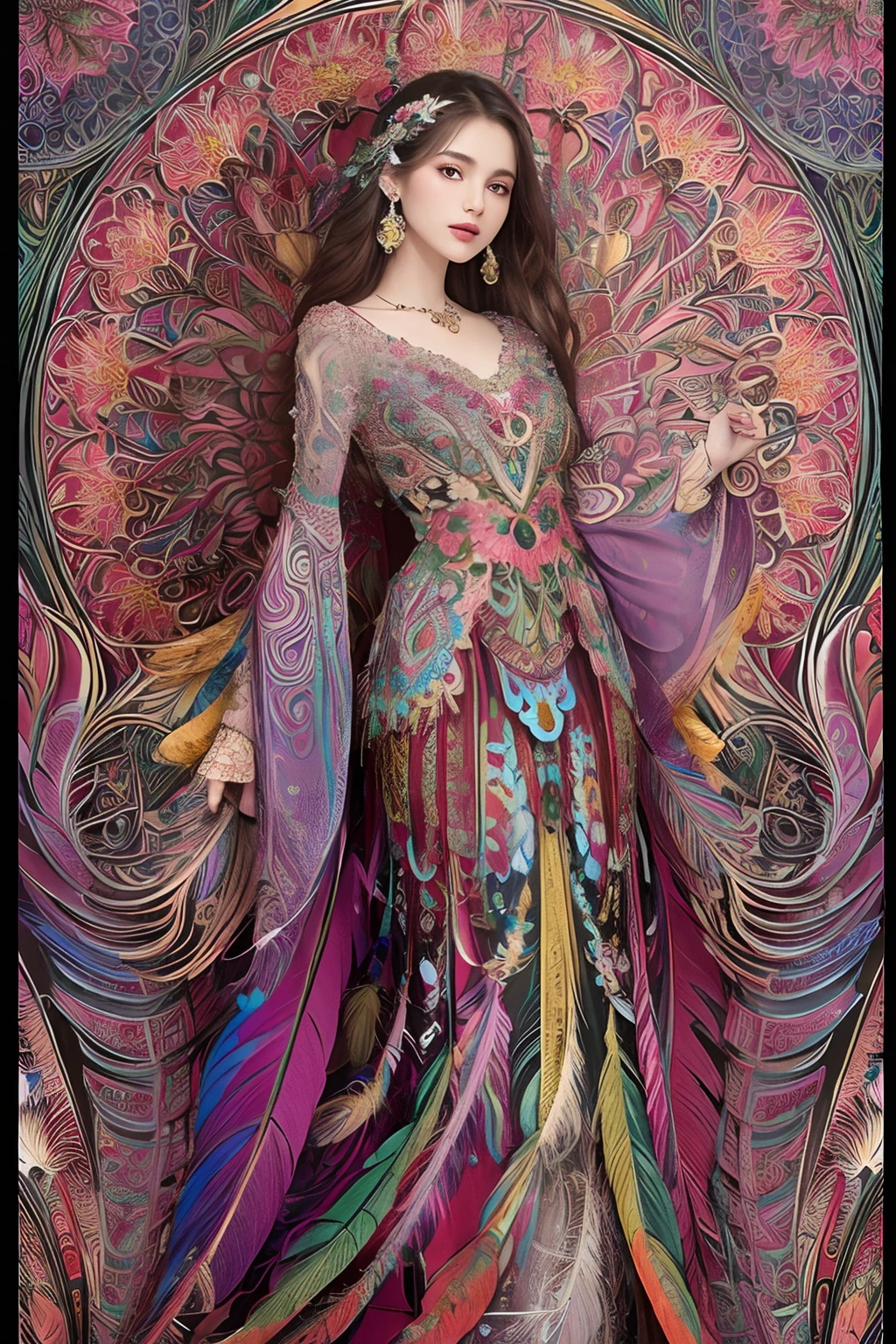 (masterpiece, top quality, best quality, official art, beautiful and aesthetic:1.2), (1girl:1.3), extremely detailed,(fractal art:1.1),(colorful:1.1)(flowers:1.3),highest detailed,(zentangle:1.2), full body, (abstract background:1.3), (shiny skin), (many colors:1.4), ,(earrings), (feathers:1.5),