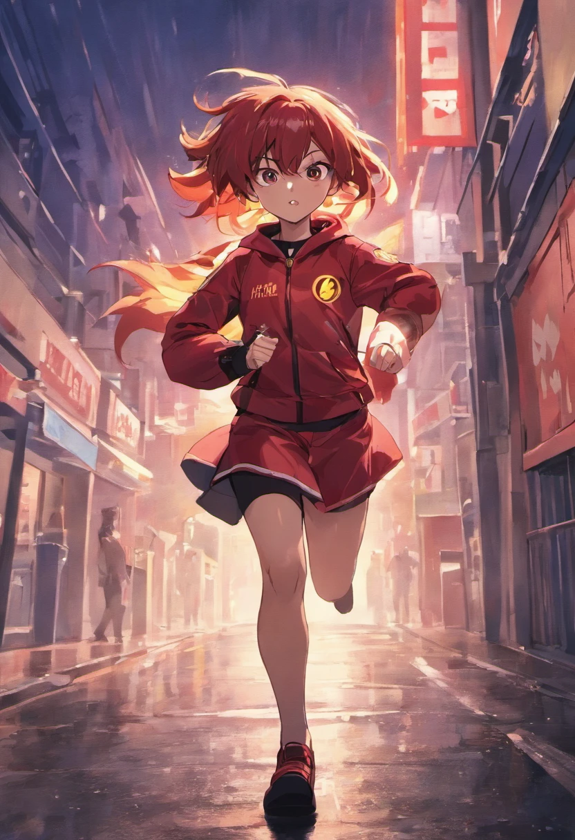There's a boy in red Flash uniform running down the street, Black child, Simbolo do Flash no peito, Com mascara do Flash, In the rain, Correndo na chuva, Rua molhada, Directed by: Willian Murai, Uniforme do Flash, wearing red hero uniform with flash symbol, Correndo em Ultra velocidade, em uma noite chuvosa, De noite