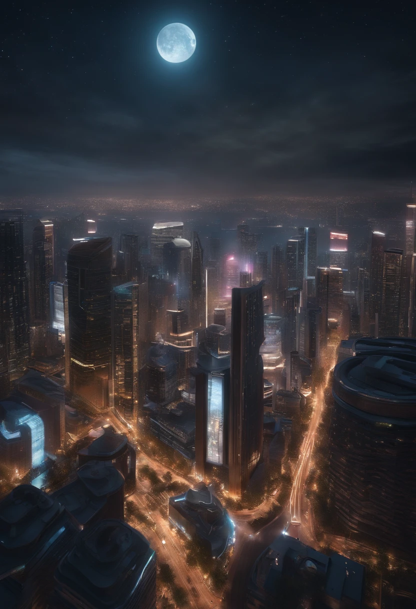 ultra-realistic 3D 4K image of a futuristic cityscape at night. The city should be teeming with intricate details, from gleaming skyscrapers to bustling streets filled with autonomous vehicles. Ensure that the lighting captures the ambiance of a cyberpunk metropolis with neon signs, holographic billboards, and reflections on wet pavement. The scene should be set under a starry night sky with a towering, luminescent moon. Options such as high dynamic range (HDR) and ray tracing are encouraged to achieve the most realistic and immersive result. The final image should convey a sense of awe and wonder.