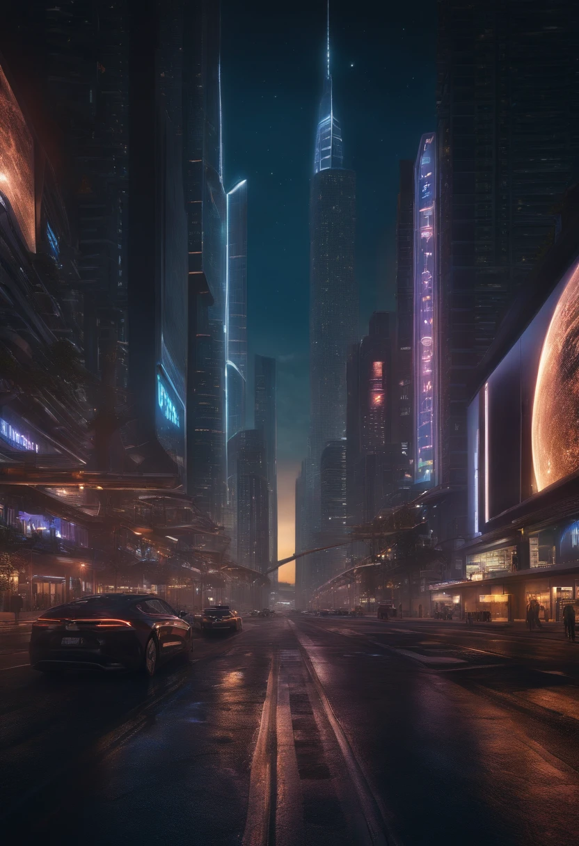 ultra-realistic 3D 4K image of a futuristic cityscape at night. The city should be teeming with intricate details, from gleaming skyscrapers to bustling streets filled with autonomous vehicles. Ensure that the lighting captures the ambiance of a cyberpunk metropolis with neon signs, holographic billboards, and reflections on wet pavement. The scene should be set under a starry night sky with a towering, luminescent moon. Options such as high dynamic range (HDR) and ray tracing are encouraged to achieve the most realistic and immersive result. The final image should convey a sense of awe and wonder.