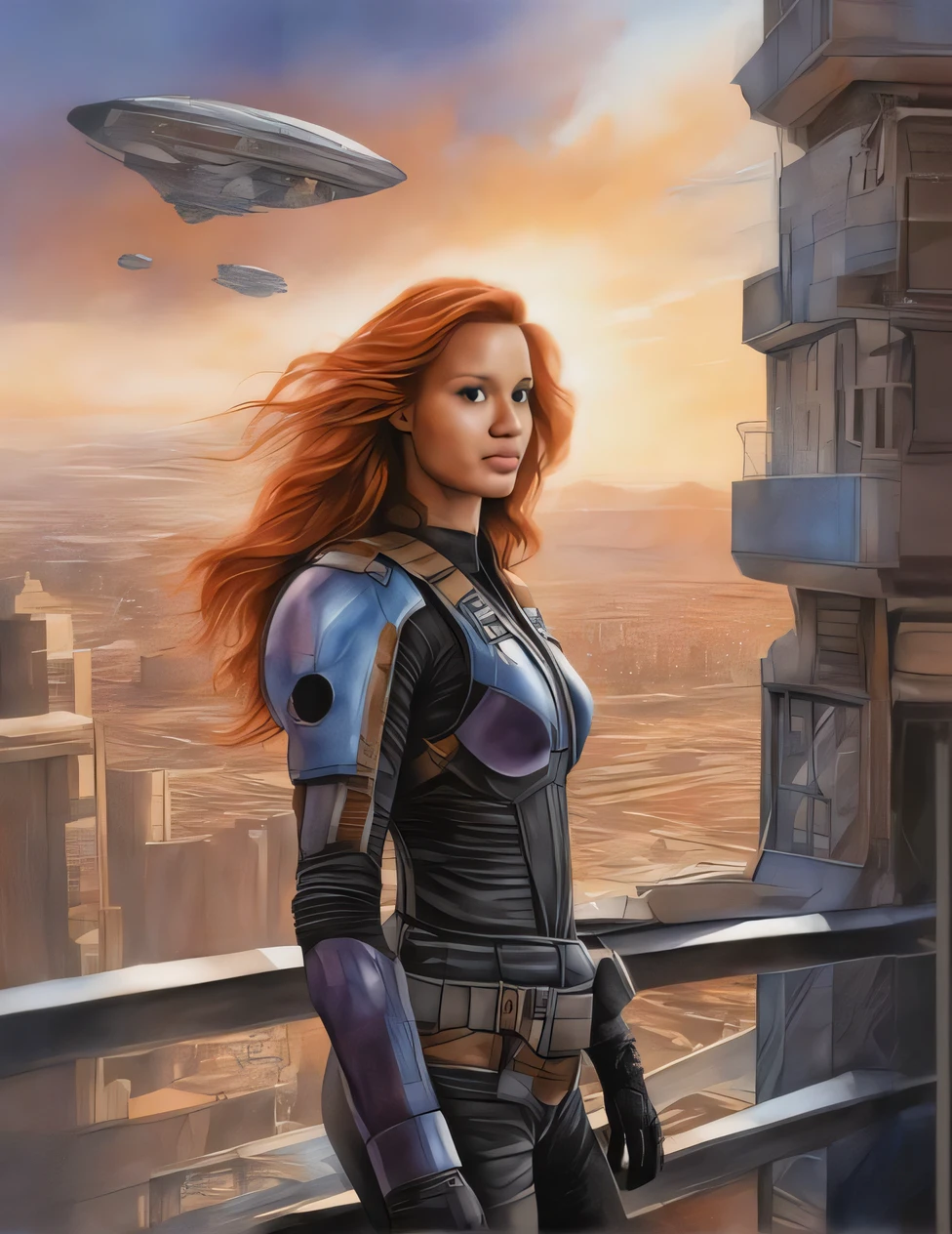 a woman in a black suit on top of a building, mara jade |, Mara Jade Skywalker, mulher scifi, arte de fantasia sci-fi, Pintura detalhada do filme Duna, Retrato de uma mulher sci - fi, arte sci-fi detalhada, bela arte sci fi, clothed in sci-fi military armor, sci-fi feminino, arte scifi premiada