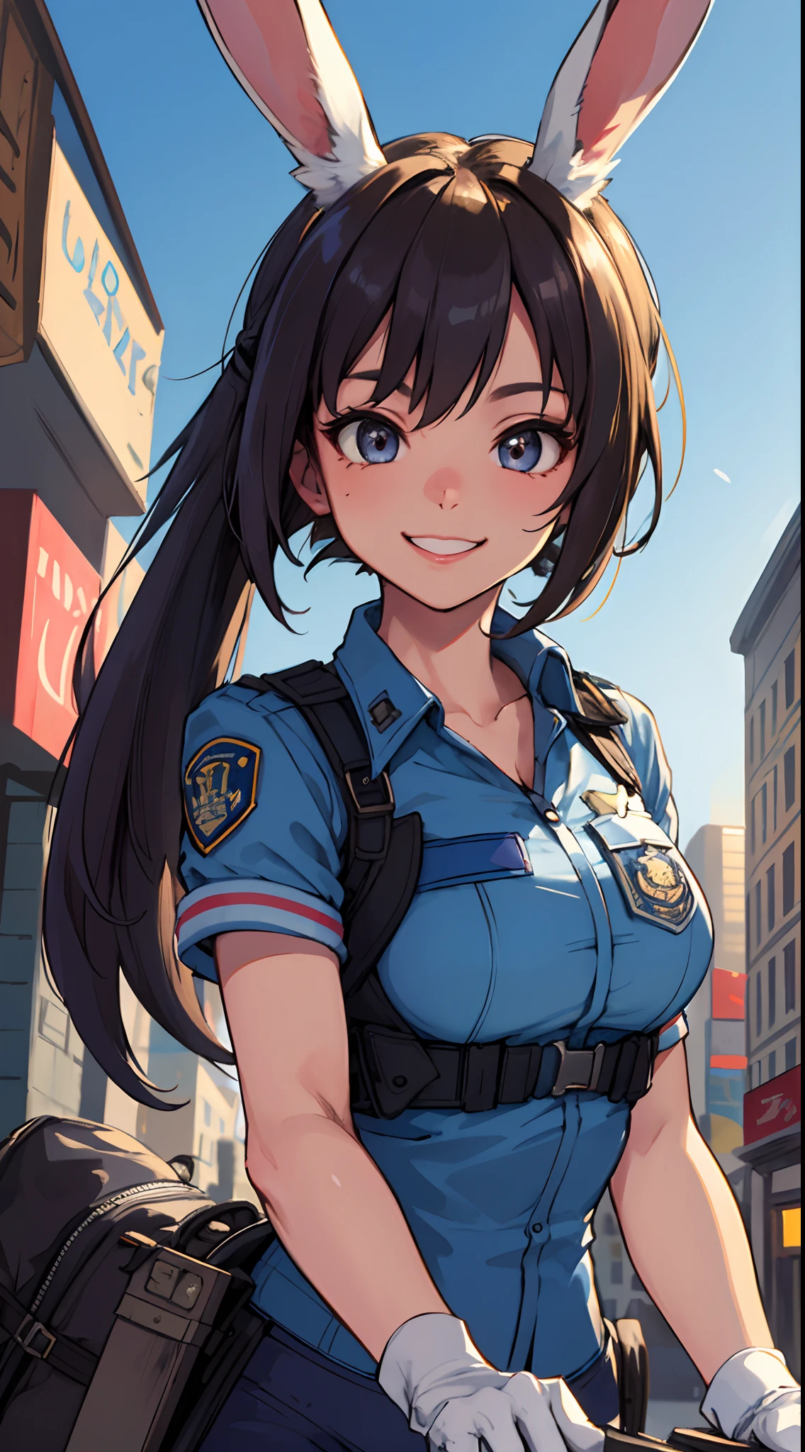 1 girl, upper body, single focus, determined beauty, Judy Hopps-inspired uniform, optimistic smile, (Zootrópolis streets: 1.4), (hustling city life: 1.3), perky bunny ears, fearless aura, [depth of field, ambient lighting, bustling city foreground, urban Zootrópolis background], Zootrópolis' Officer Judy Hopps, urban adventures, diverse cityscape, (sloth-run DMV), (police precinct: 1.2), intricate details, enhanced lighting.