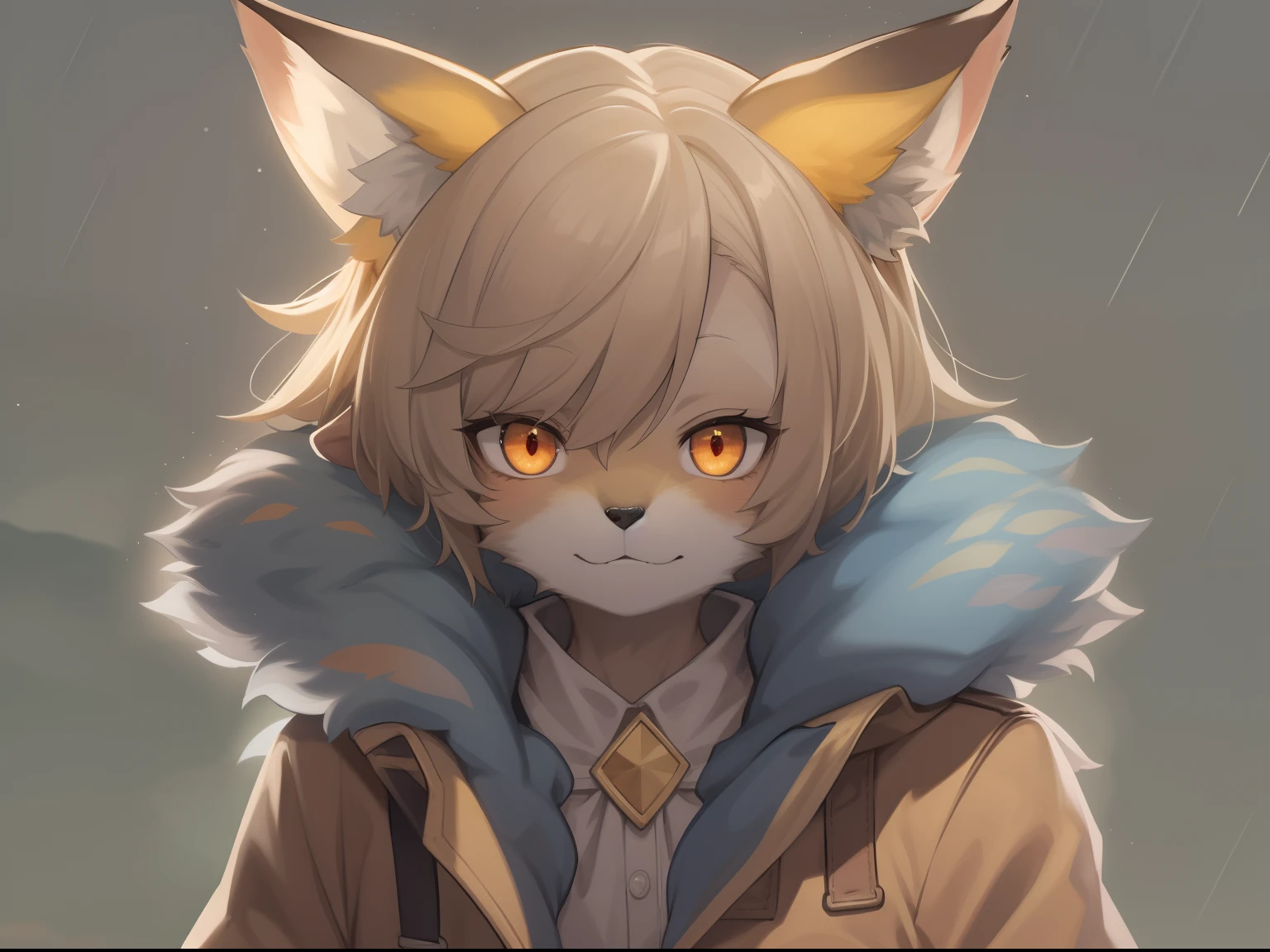 Shota the fox,hairy pubic,shaggy,Skin fur,Golden fur,Golden yellow face fur,Short straight blonde hair,Eyes have light,Red eyes,Brown elements on fur,Brown coat brown hood up,White top,brown shorts,Beautiful lights and shadows,Ambient light,Ultra-fine fur,volumettic light,natural lightting,fox tails,Fluffy tail,No Man, Glowing tree,Lake, dark scenery, rain,Night,starrysky,Vast landscape,crossed bangs, Hairline, Shiny hair, lone nape hair, ,Sleepy,(Oversized Full Moon:1.2),(meteors:0.9),(Starcloud:1.3)(Warm light source:1.2),aurora,nevando,snowfield, Extra-long sleeves, Purple and orange,Complicated details,Volumetriclighting,Realist breakthrough(tmasterpiece:1.2)(best qualtiy),4K,Ultra-delicate,(Dynamic configuration:1.4),Highly detailed and colorful details,(Irridescent color :1.2),(luminouslighting,Atmospheric lighting),dream magical,magic,独奏,Glowing light,Light blush, ,Empty eyes
