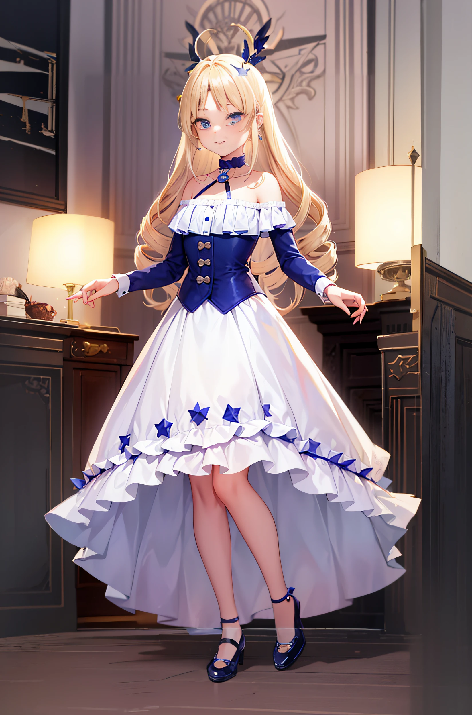 1 girl,blue colored eyes, Blonde hair, twin drills, bangs pinned back, hair adornments, crescent hair ornament, forehead jewel, star hair ornament, Seductive smile,choker necklace,Western European appearance,Light red short sleeve long skirt,Pale yellow shoes,Full body like