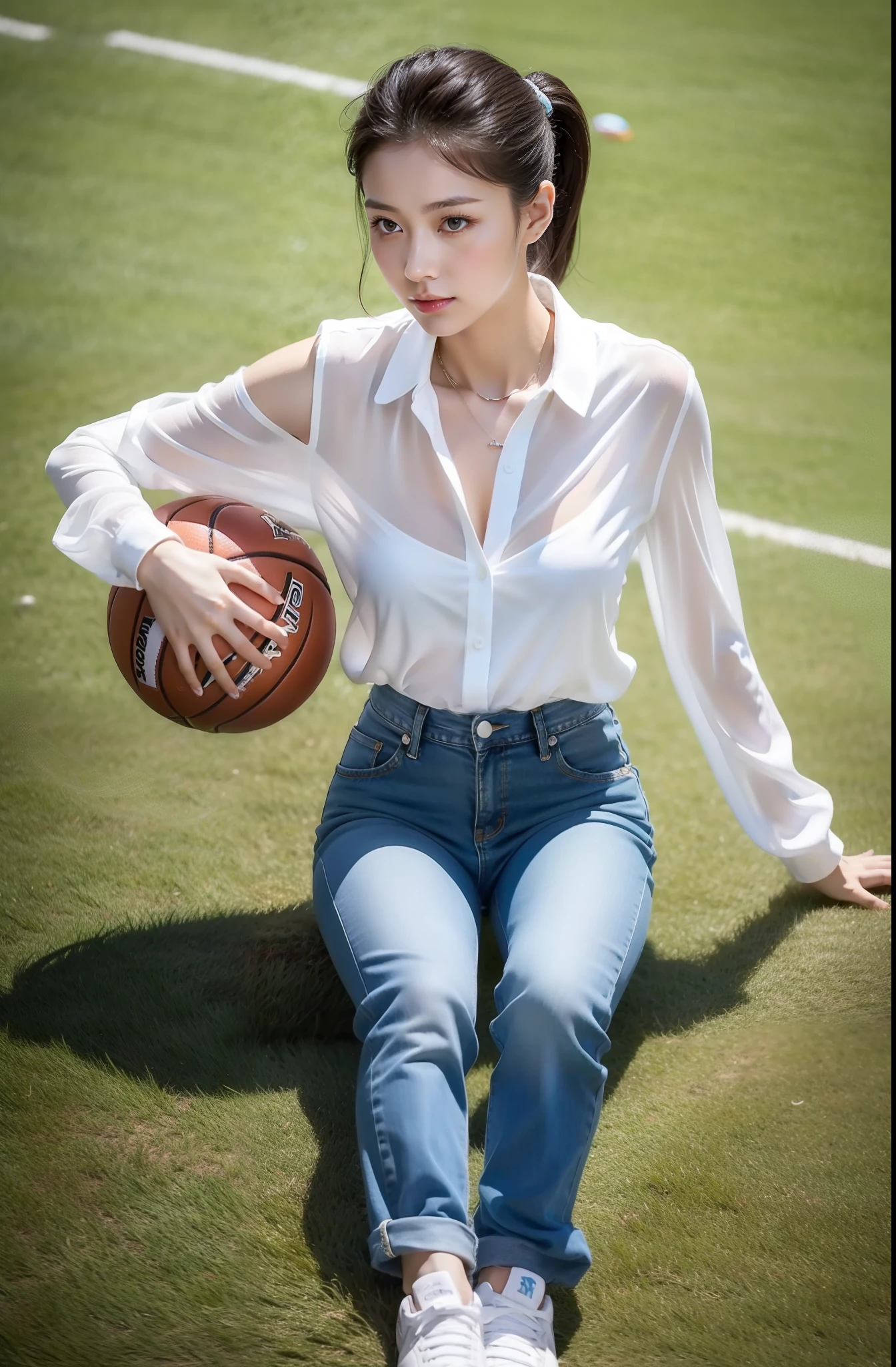 1 very beautiful female high school student,Wear one(((Pink glossy button-down shirt and low-rise white loose wide-leg pants)))(((White sheer wide-leg pants,cargo pants))),(detailed outfits:1.5),Play with the ball on the grass of the football field,(On the grass:1.02),Super high value,perfect body figure,Beautiful short ponytail,Delicate hair,Fair face and skin,Beads of sweat on the forehead,Have fun on the playground,Smile sweetly,(((The chest is huge))),Breasts are full and straight:1.5,(The clothes on the chest are high and bulging, Tightness and bulging:1.5),The legs are rounded and well-proportioned and slender,Delicate fair and soft toes,White and delicate fingers,(Delicate sneakers:1.5),Focus on the chest,fully body photo