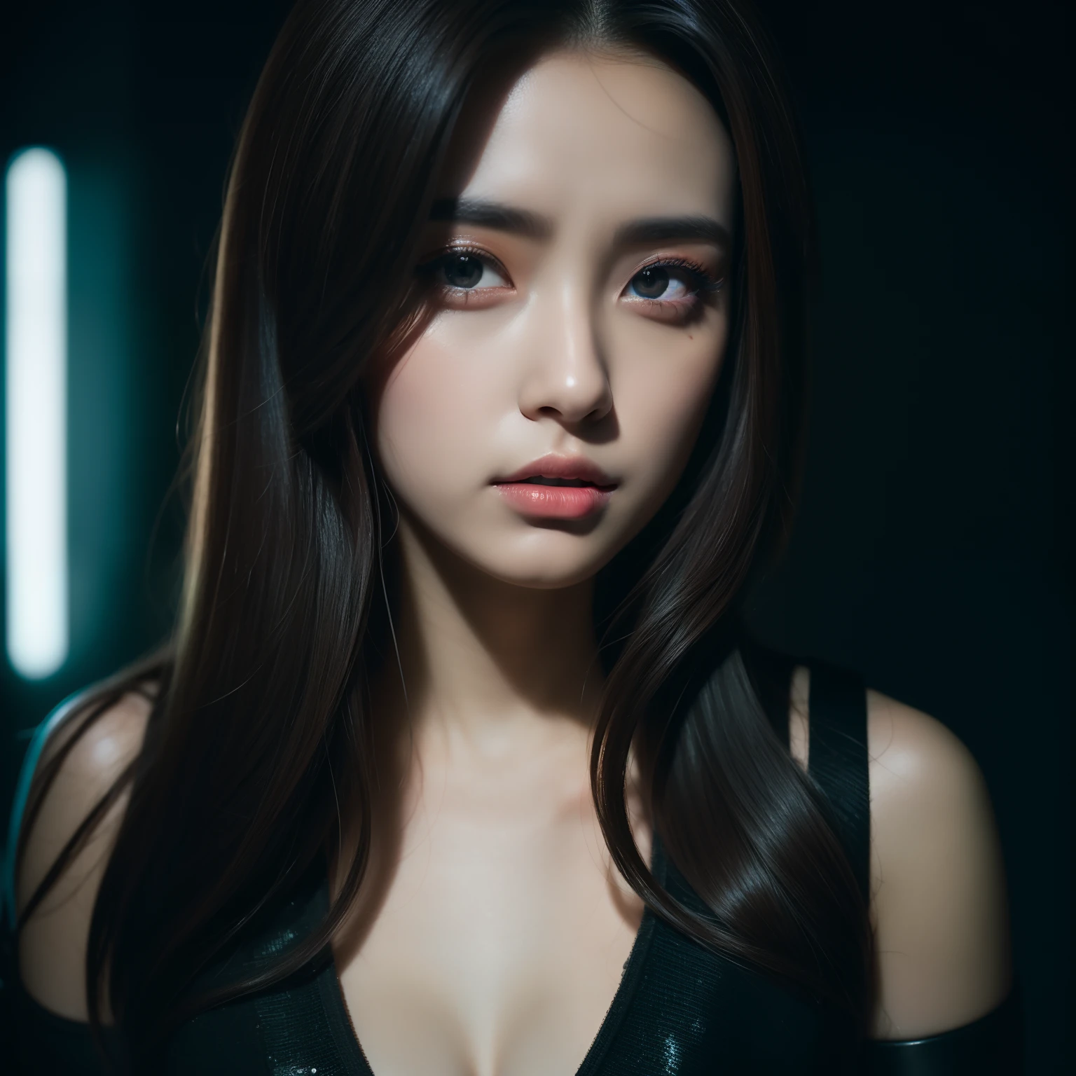 Best quality, masterpiece, 1 girl,solo, real person, professional makeup, glossy lips, double eyelids, Japanese idol, portrait, natural lighting, cyberpunk dress