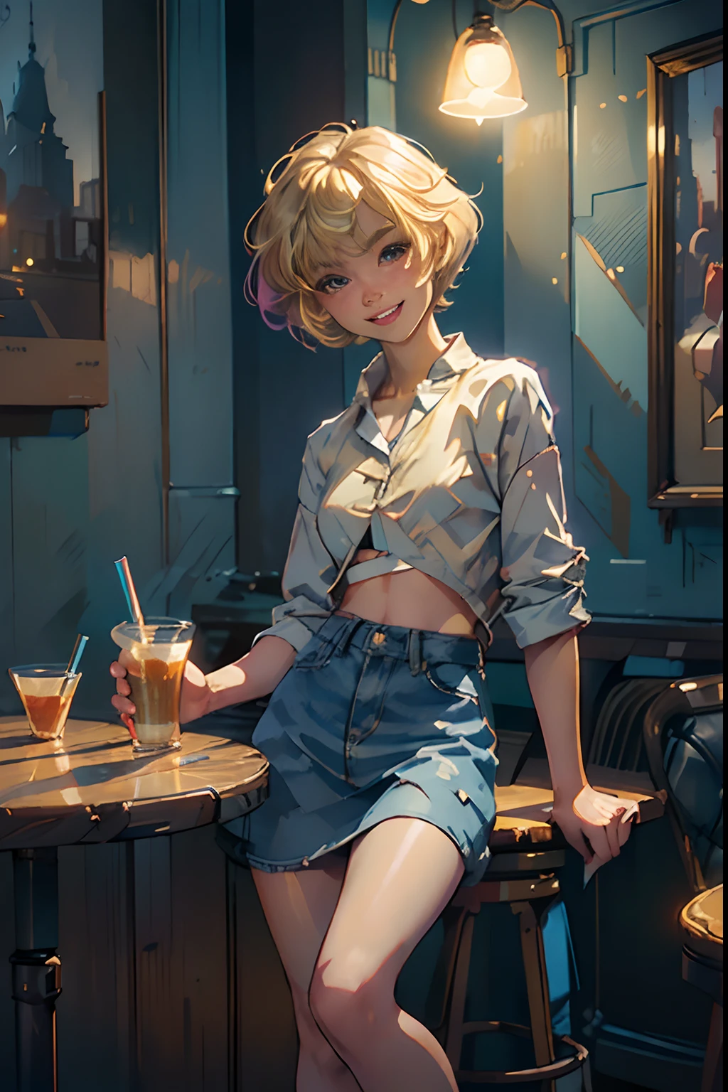 A superb exquisite real beautiful girl, golden long curly hair, extremely exquisite facial features, peerless beautiful girl, collarbone off-the-shoulder, white crop top shirt, black JK skirt, exposed legs, sweet smile, soft, dreamy quality, light white and dark brown, exaggerated facial features, solid color, frank off-white, surreal, blue gemstone necklace, ultra-clear, beautiful young girl, cute and lively, super short leggings, background at the bar counter