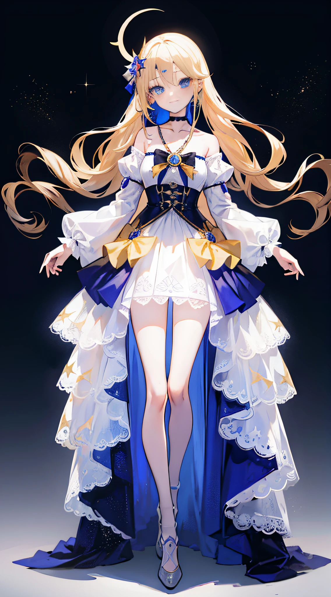 1 girl,blue colored eyes, Blonde hair, twin drills, hair adornments, crescent hair ornament, forehead jewel, star hair ornament, Seductive smile,choker necklace,Western European appearance,Light red short sleeve long skirt,Pale yellow shoes,Full body like