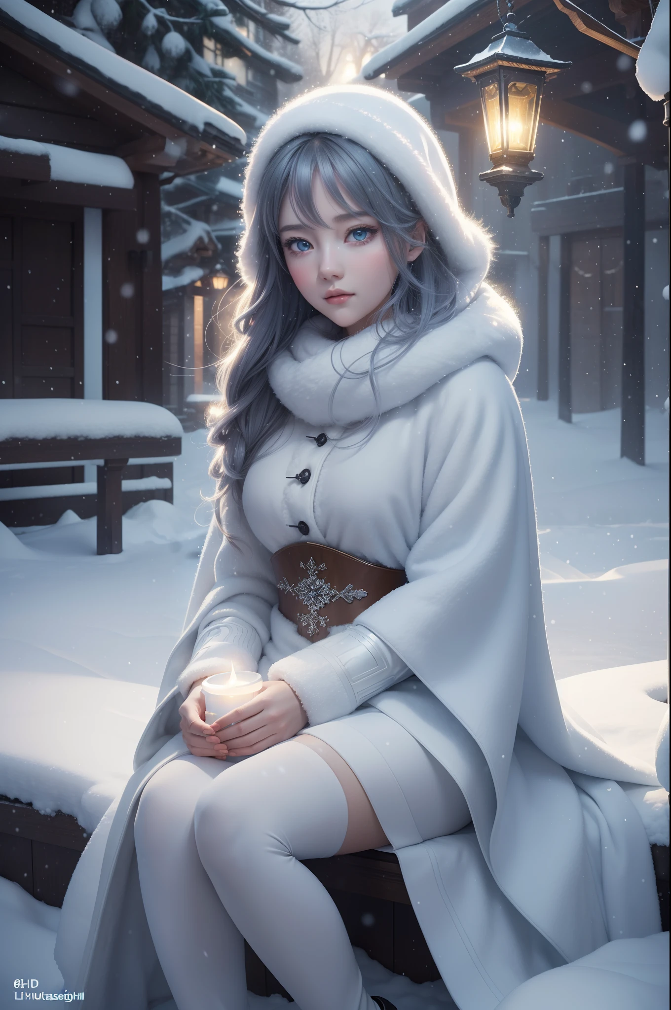 (((UHD))), (((masterpiece))), (((8k))), (((highres))), (((Surrealism))), (((cinematic lighting))), god rays, zoom layer, (((fullbody shot))), f/4.0, Canon, shiny skin,detailed skin,detailed face, detailed eyes, goddess of winter bells, sitting in the snow holding a lantern, snow glow, winter night, cute digital art, goddess under lantern, glowing snow, very beautiful lighting, snowy night, artwork in the style of guweiz, moonlight snowing, cute detailed digital art, winter time, beautiful lit, soft white glow, light snow, beautiful digital artwork, cold lighting