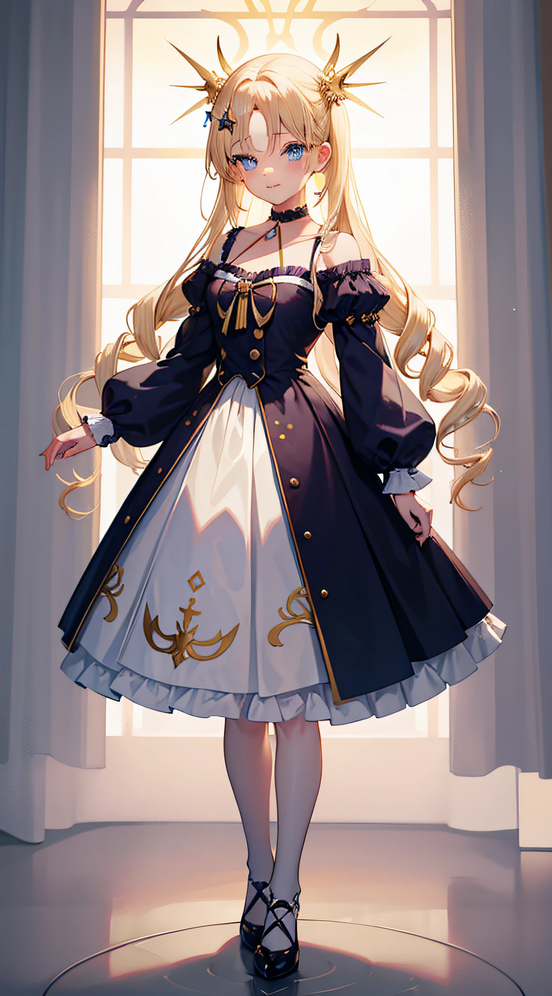 1 girl,blue colored eyes, Blonde hair, twin drills, bangs pinned back, hair adornments, crescent hair ornament, forehead jewel, star hair ornament, Seductive smile,choker necklace,Western European appearance,Light red short sleeve long skirt,Pale yellow shoes,Full body like