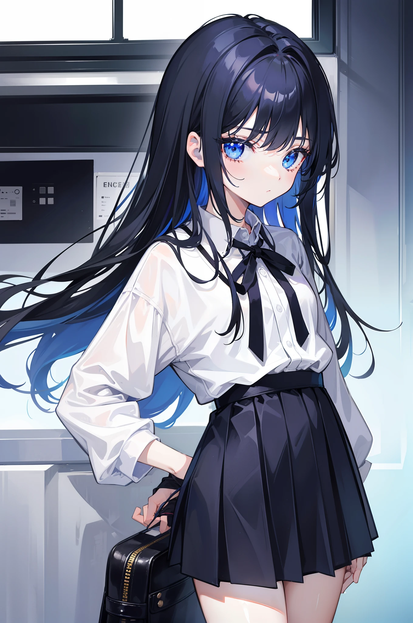 Anime girl with long black hair and blue eyes in a white shirt - SeaArt AI