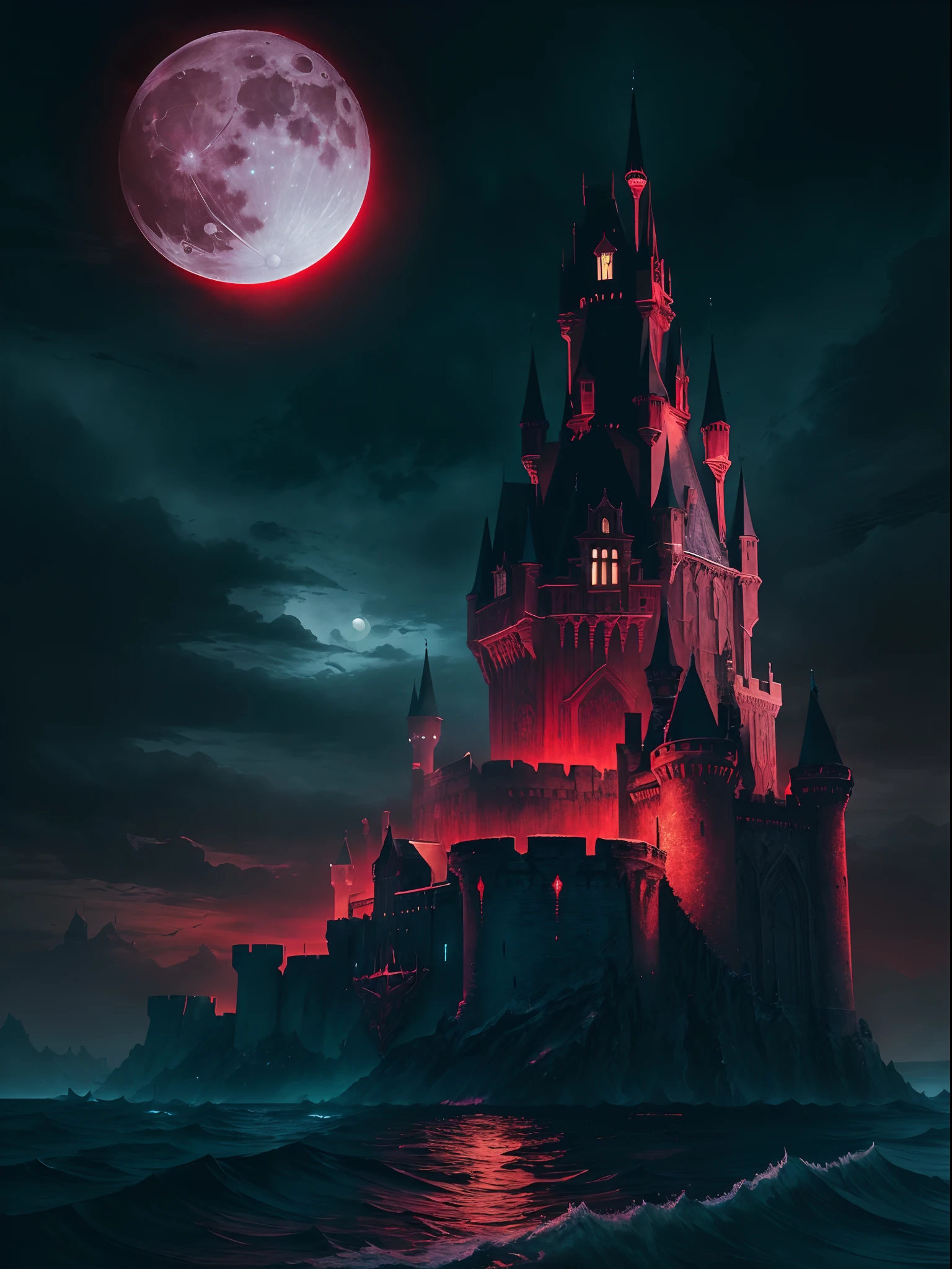 dreamlikeart Castlevania Lord of the Shadows hyper realistic super detailed Legendary Castle. Moon behind bright red on the waves of the sea great view environment