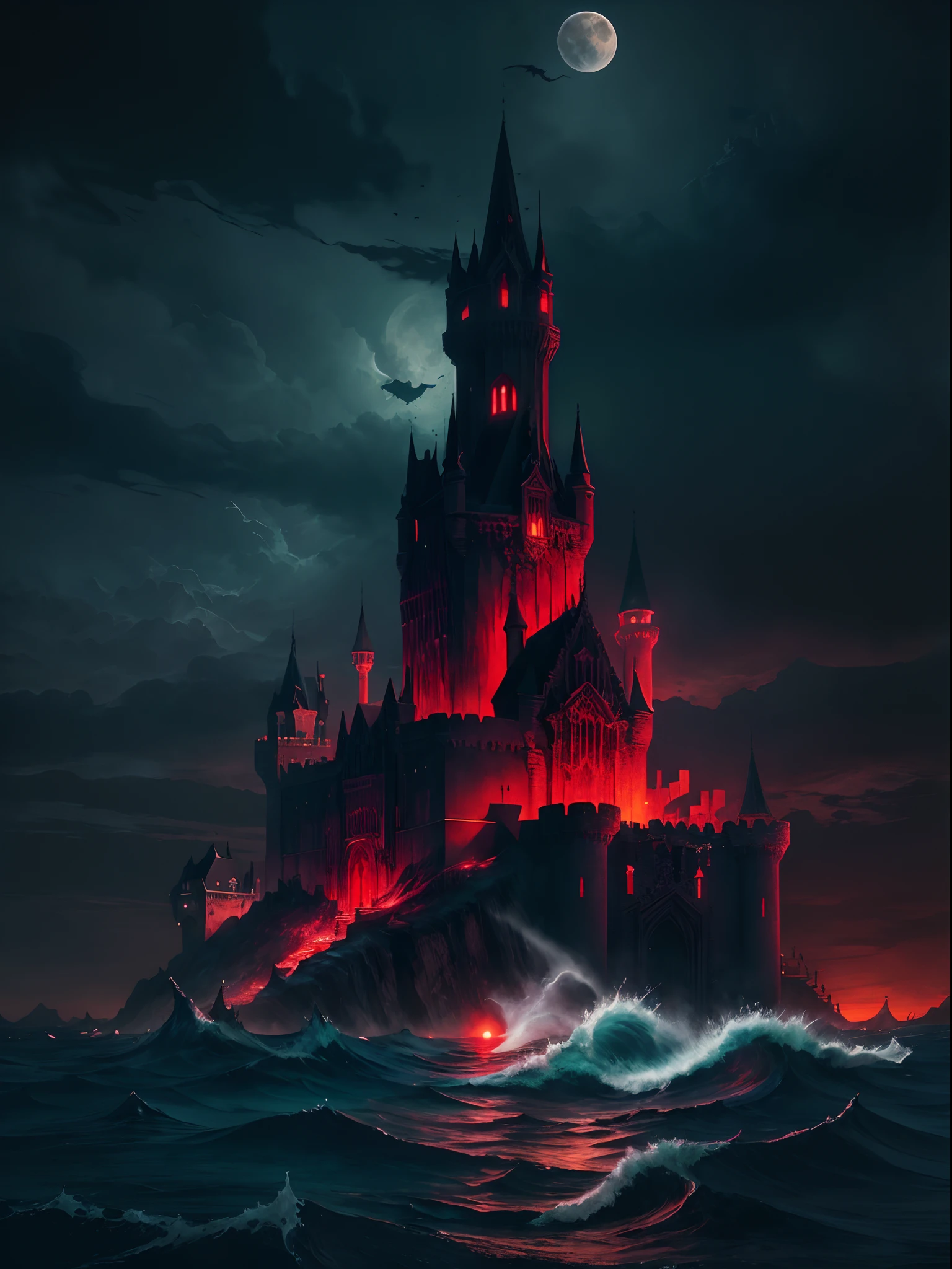 dreamlikeart Castlevania Lord of the Shadows hyper realistic super detailed Legendary Castle. Moon behind bright red on the waves of the sea great view environment