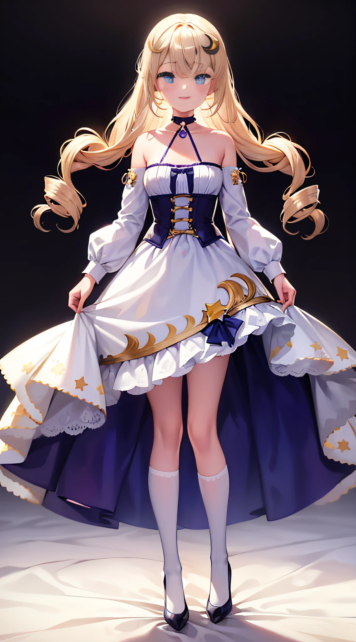 1 girl,blue colored eyes, Blonde hair, twin drills, bangs pinned back, hair adornments, crescent hair ornament, forehead jewel, star hair ornament, Seductive smile,choker necklace,Western European appearance,Light red short sleeve long skirt,Pale yellow shoes,Full body like