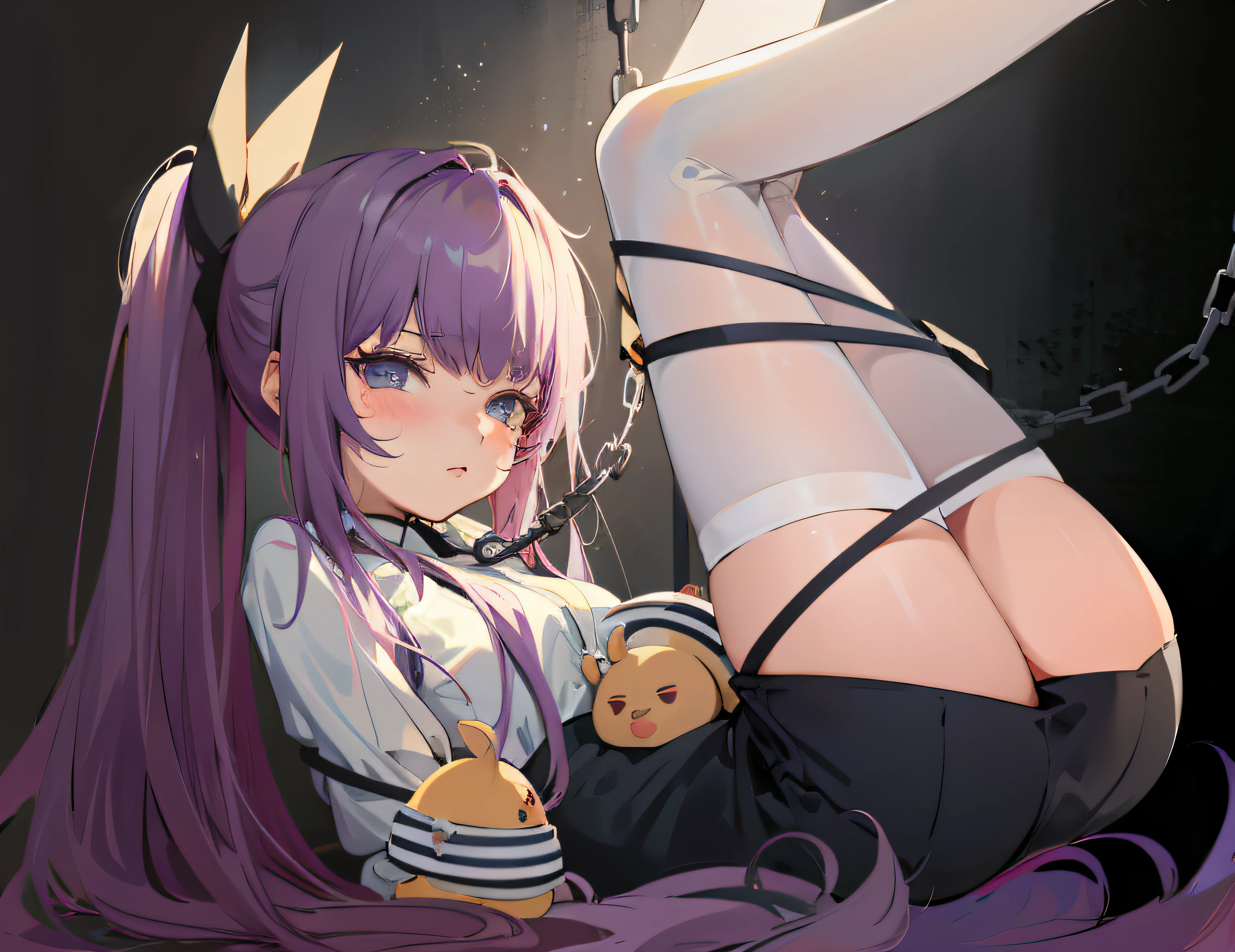 Anime girl with purple hair and teddy bear, anime moe art style, seductive anime girls, zerochan art, Best anime 4k konachan wallpaper, Guweiz in Pixiv ArtStation, Guweiz on ArtStation Pixiv, trending on artstation pixiv, twintails white_mitts, Marin Kitagawa fanart, (Anime girl)