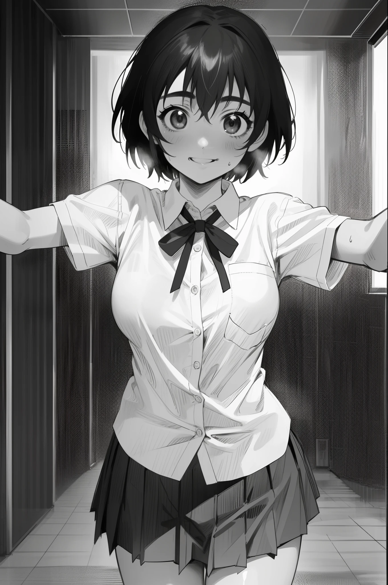 masterpiece, 1 girl, solo, pov, ayase fuuka, school uniform, blouse, pleated skirt, ribbon, mini skirt, front view, bust shot, dynamic pose, cowboy shot, (nsfw), smile, greyscale, monochrome, halftone, drawing, manga, otoyomegatari, face focus, school playground.