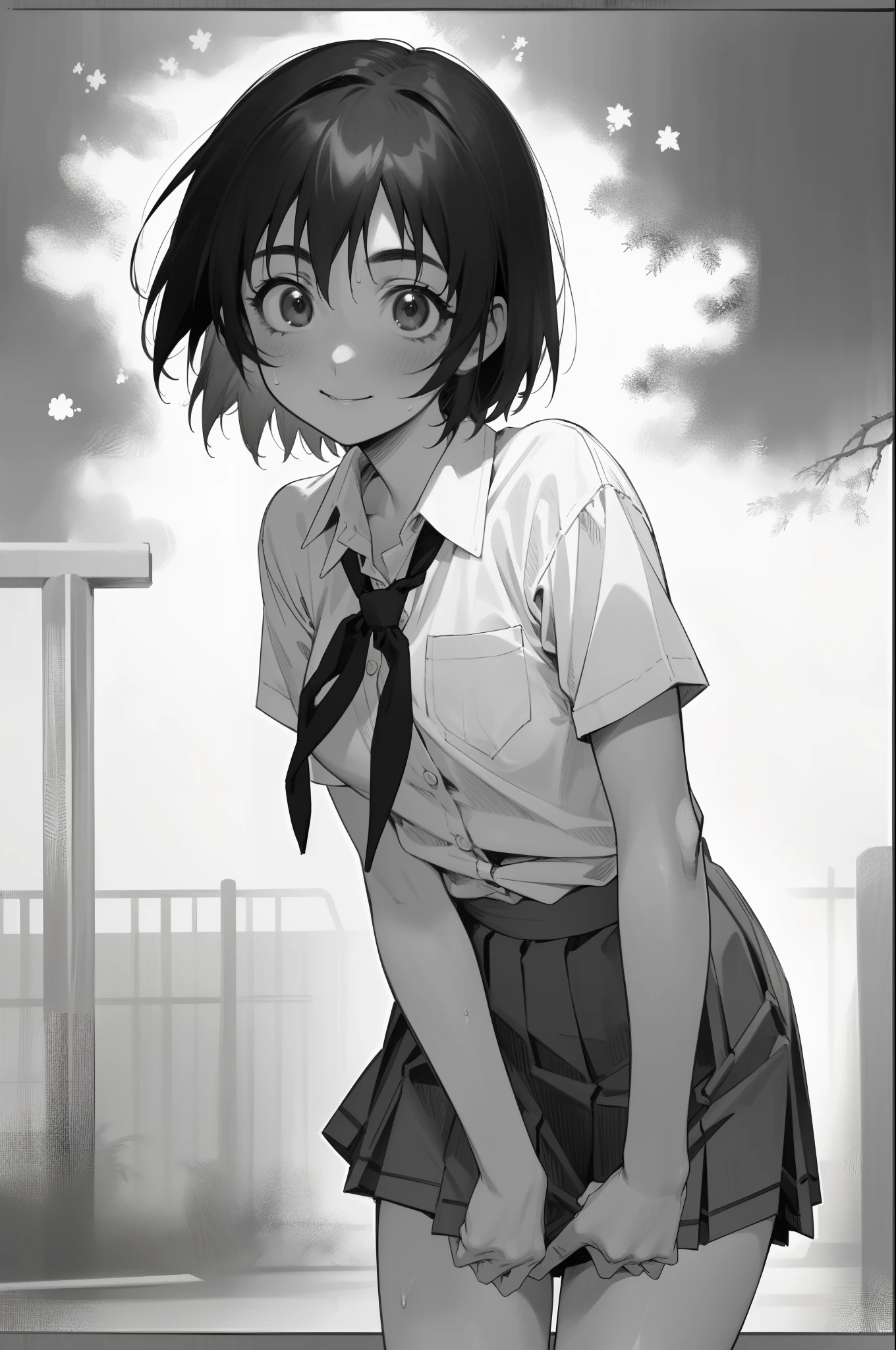 masterpiece, 1 girl, solo, pov, ayase fuuka, school uniform, blouse, pleated skirt, ribbon, mini skirt, front view, bust shot, dynamic pose, cowboy shot, (nsfw), smile, greyscale, monochrome, halftone, drawing, manga, otoyomegatari, face focus, school playground.